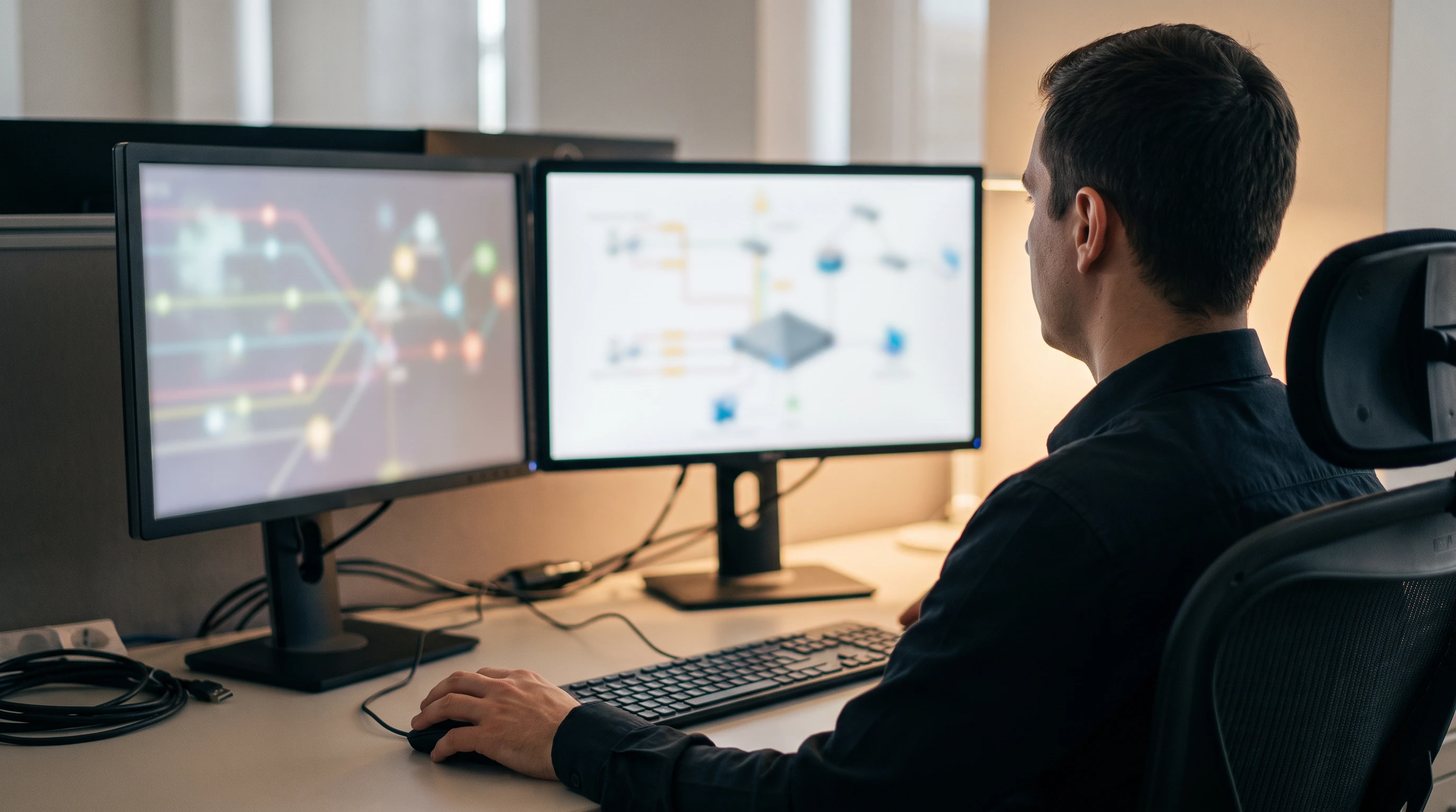 Technical support specialist conducting a remote diagnostic session on dual monitors with network topology diagrams visible