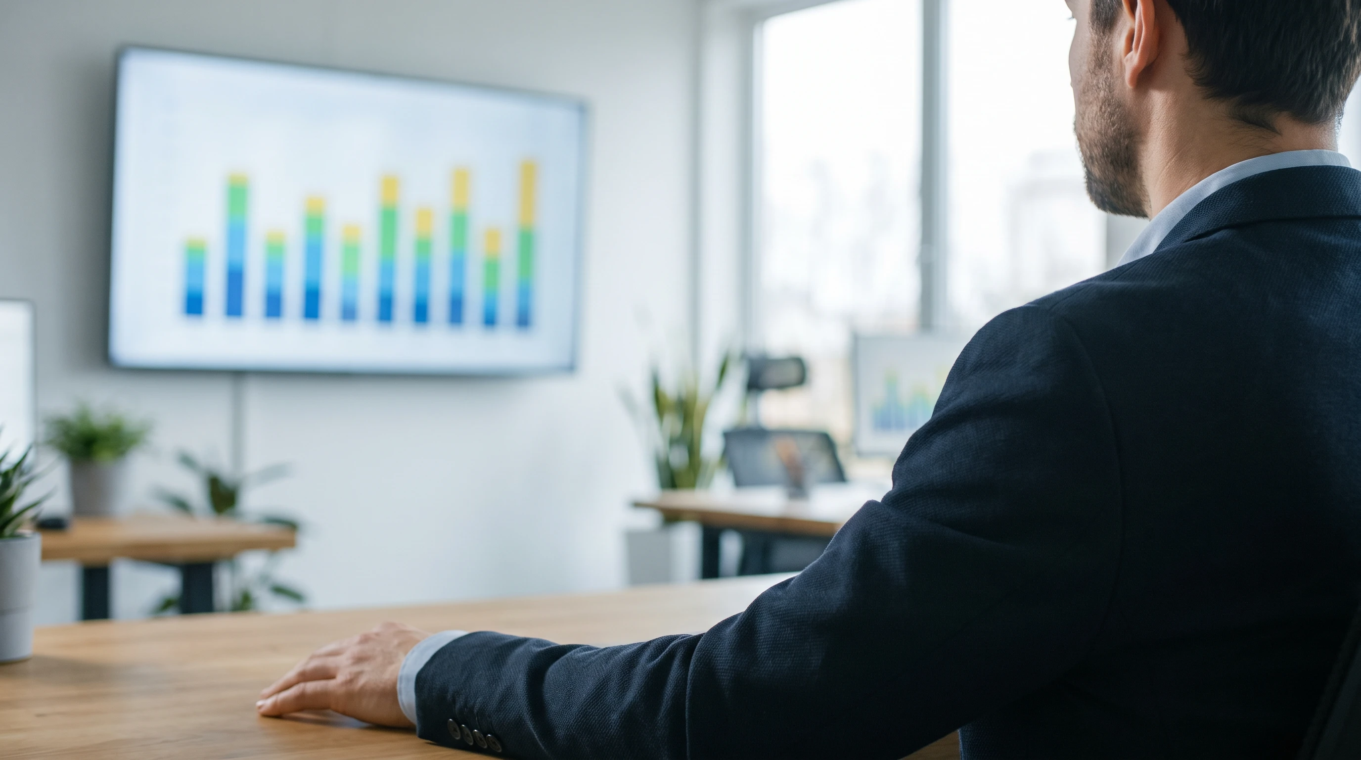 Finance manager reviewing offshore technical support staffing cost comparison charts on a large monitor