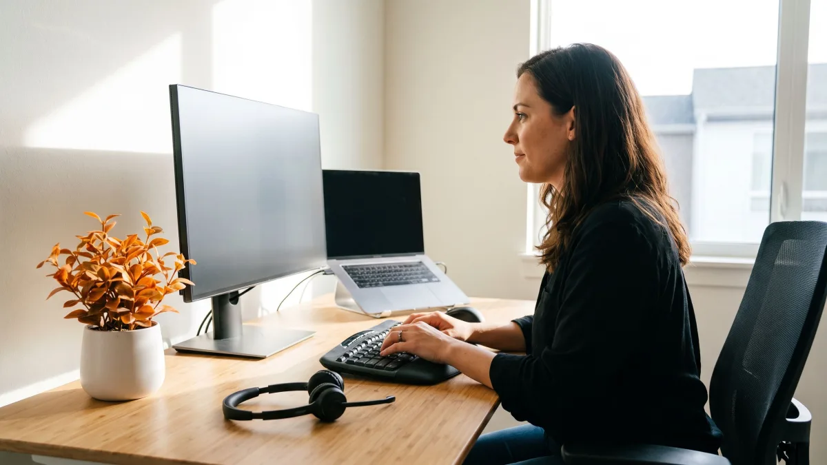 Technical support engineer reviewing escalation ticket details on a large monitor with debugging tools open in the background