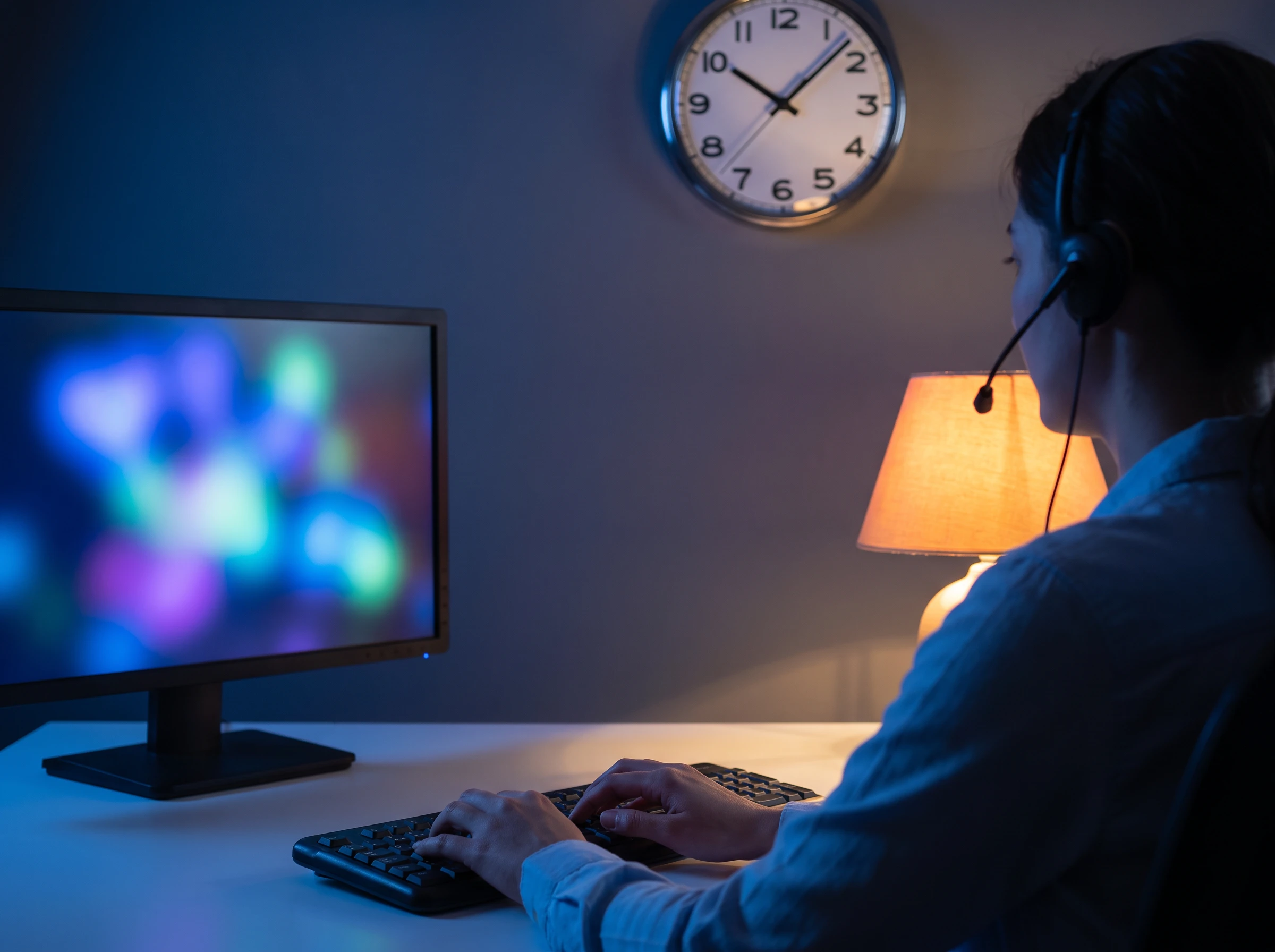 Customer support agent working a night shift with headset at a modern desk, warm orange lamp accent