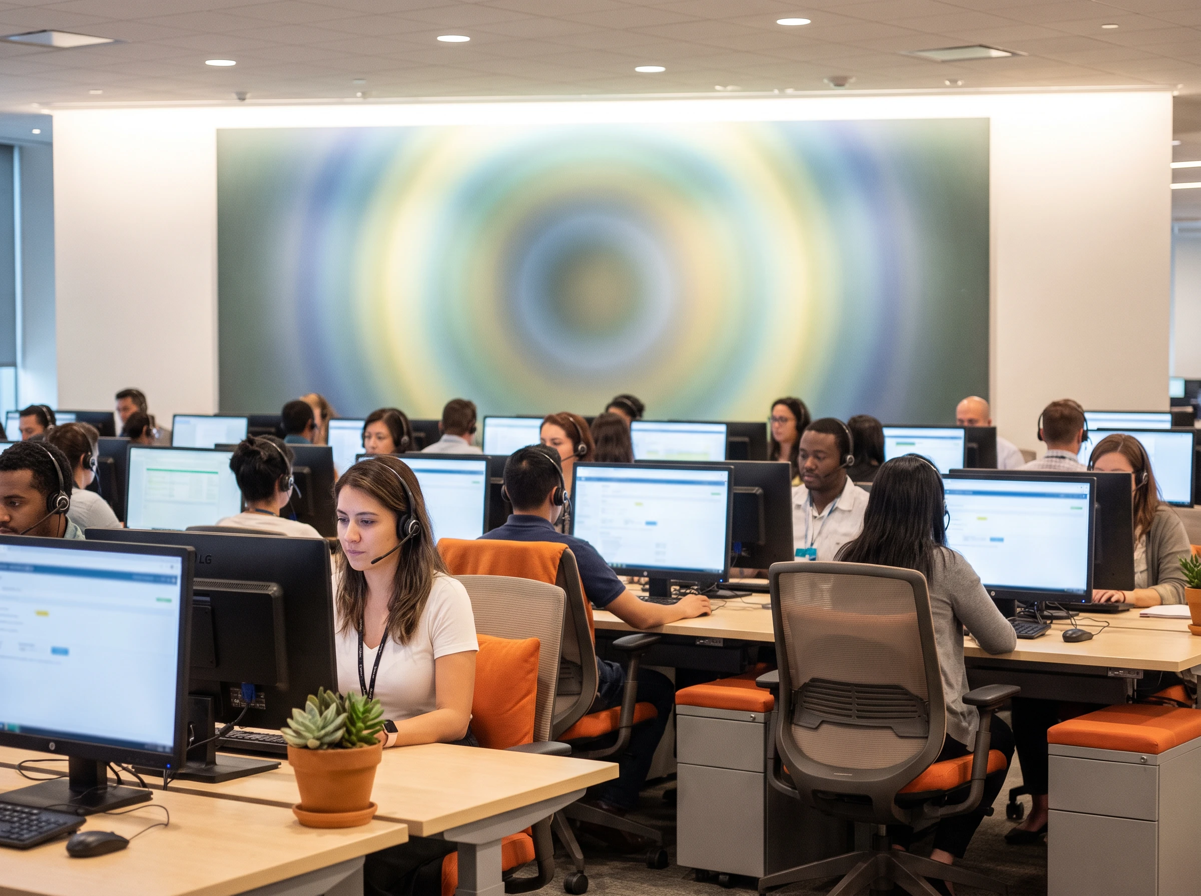24/7 customer support operations floor with agents wearing headsets at ergonomic desks