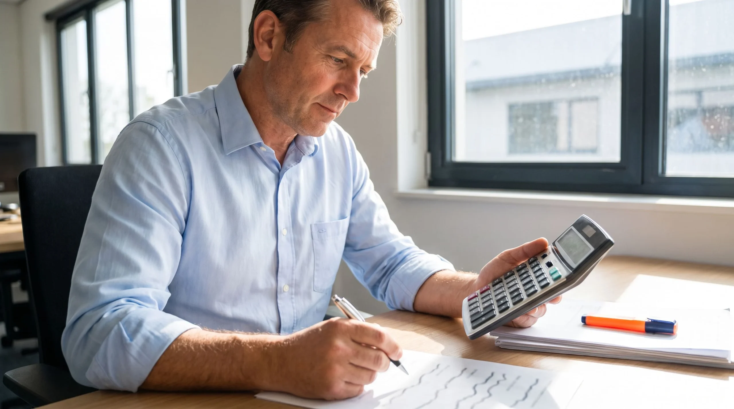 Manager calculating 24/7 outsourced customer support pricing and budget line items