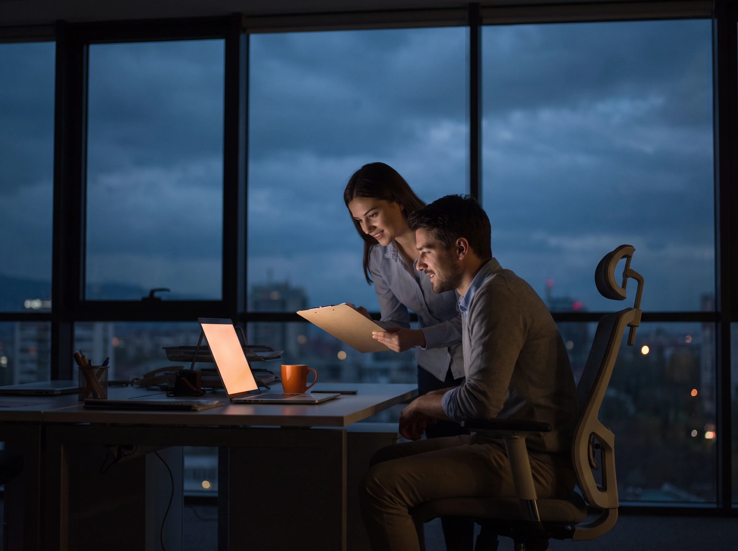 Support team lead reviewing a night shift handoff with an agent in a modern office at dusk