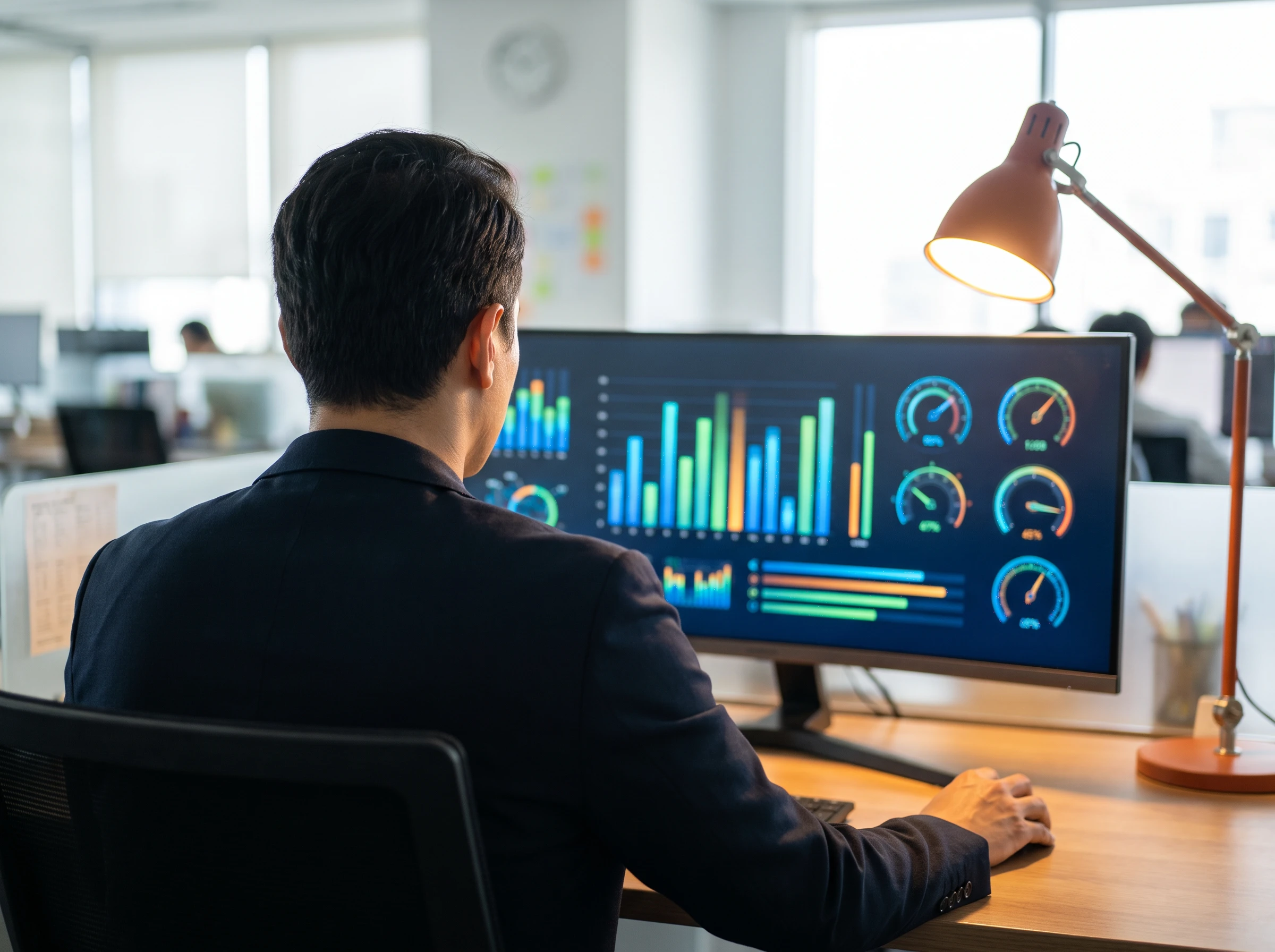 Supervisor reviewing a customer support performance dashboard with response time and satisfaction metrics