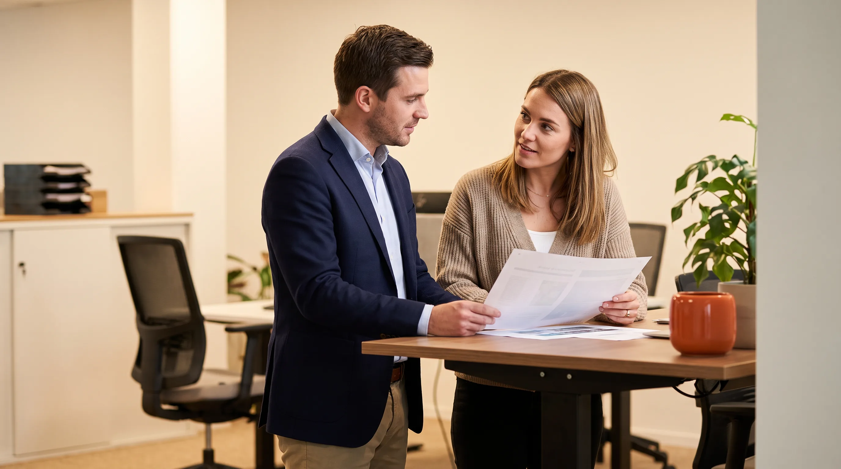 Two colleagues reviewing a vendor vetting checklist together at a standing desk