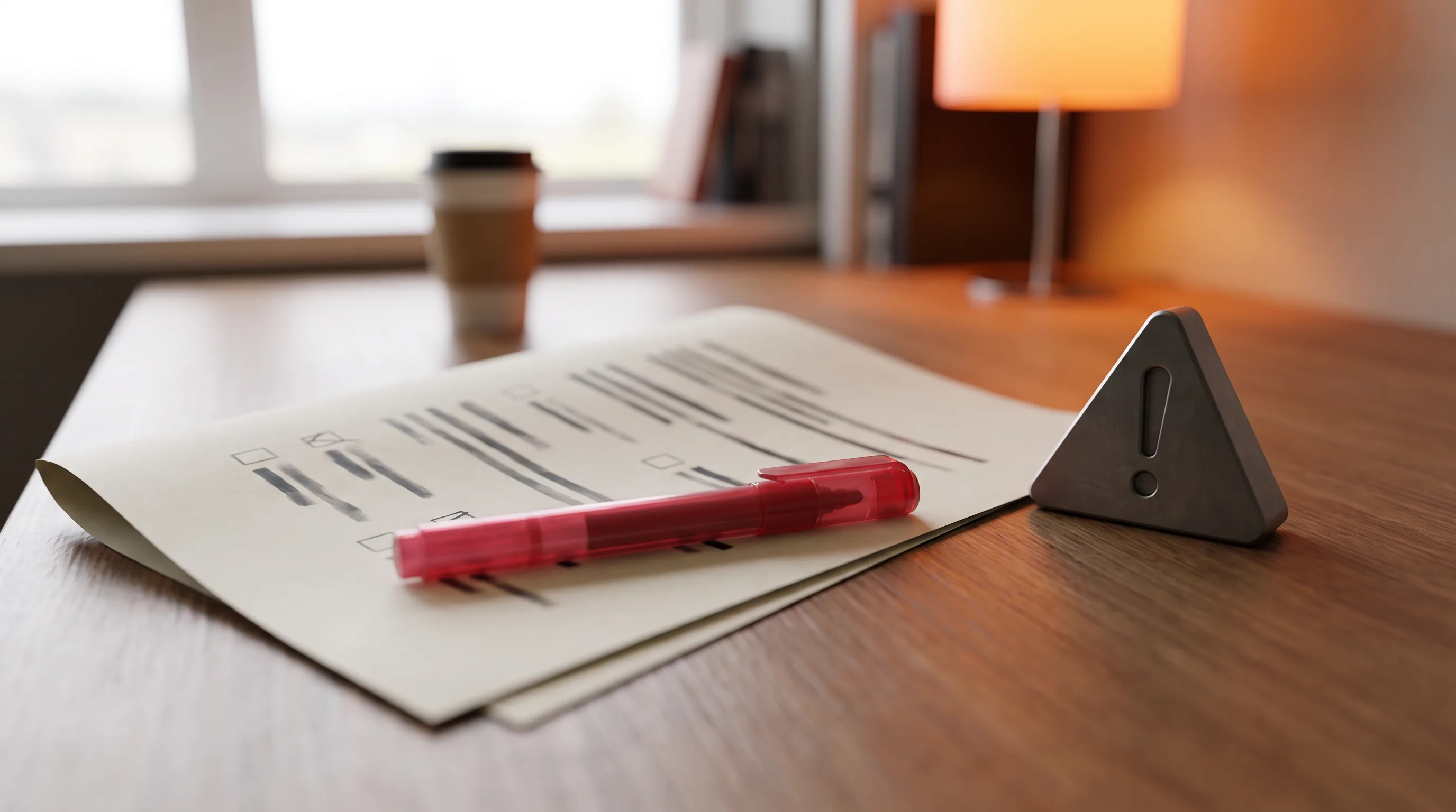 Red flags infographic style scene showing a warning symbol beside a checklist document on a desk