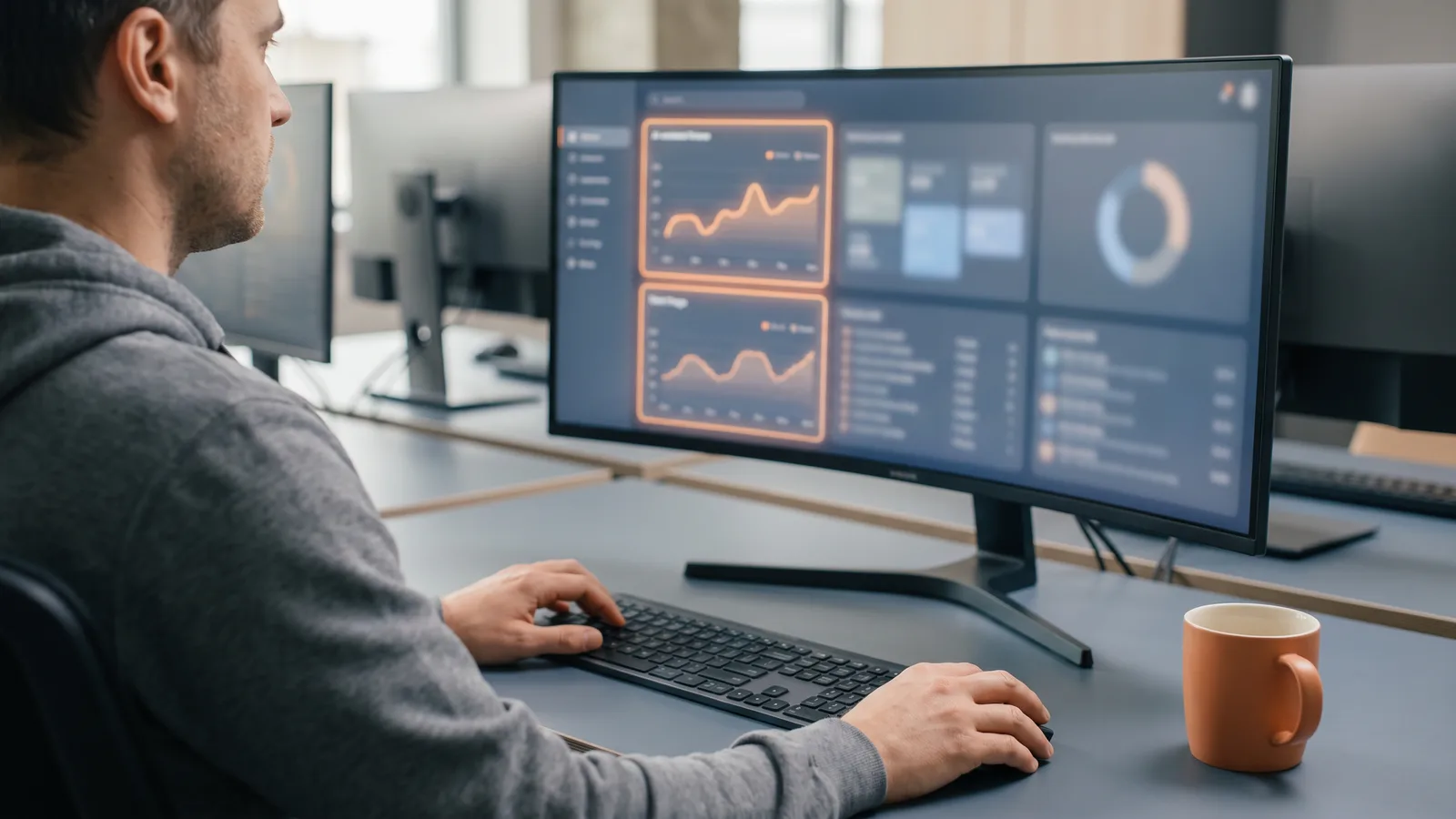 IT help desk technician reviewing an AI-assisted ticket triage dashboard on a workstation monitor