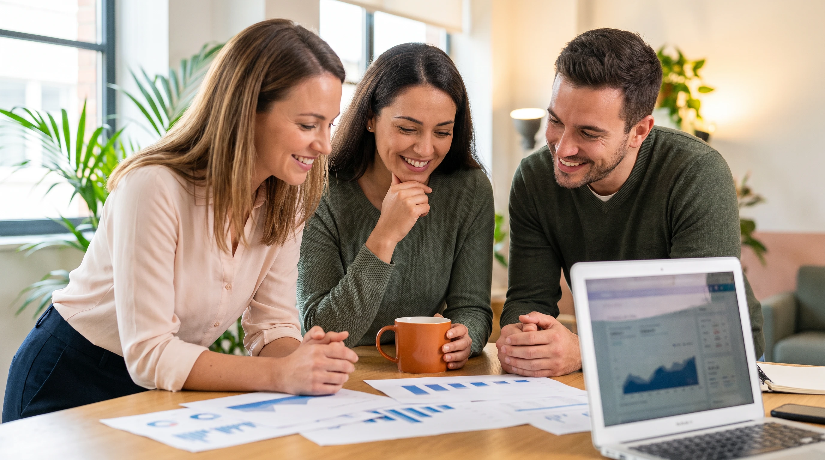 Small SaaS startup team reviewing offshore staffing pricing together