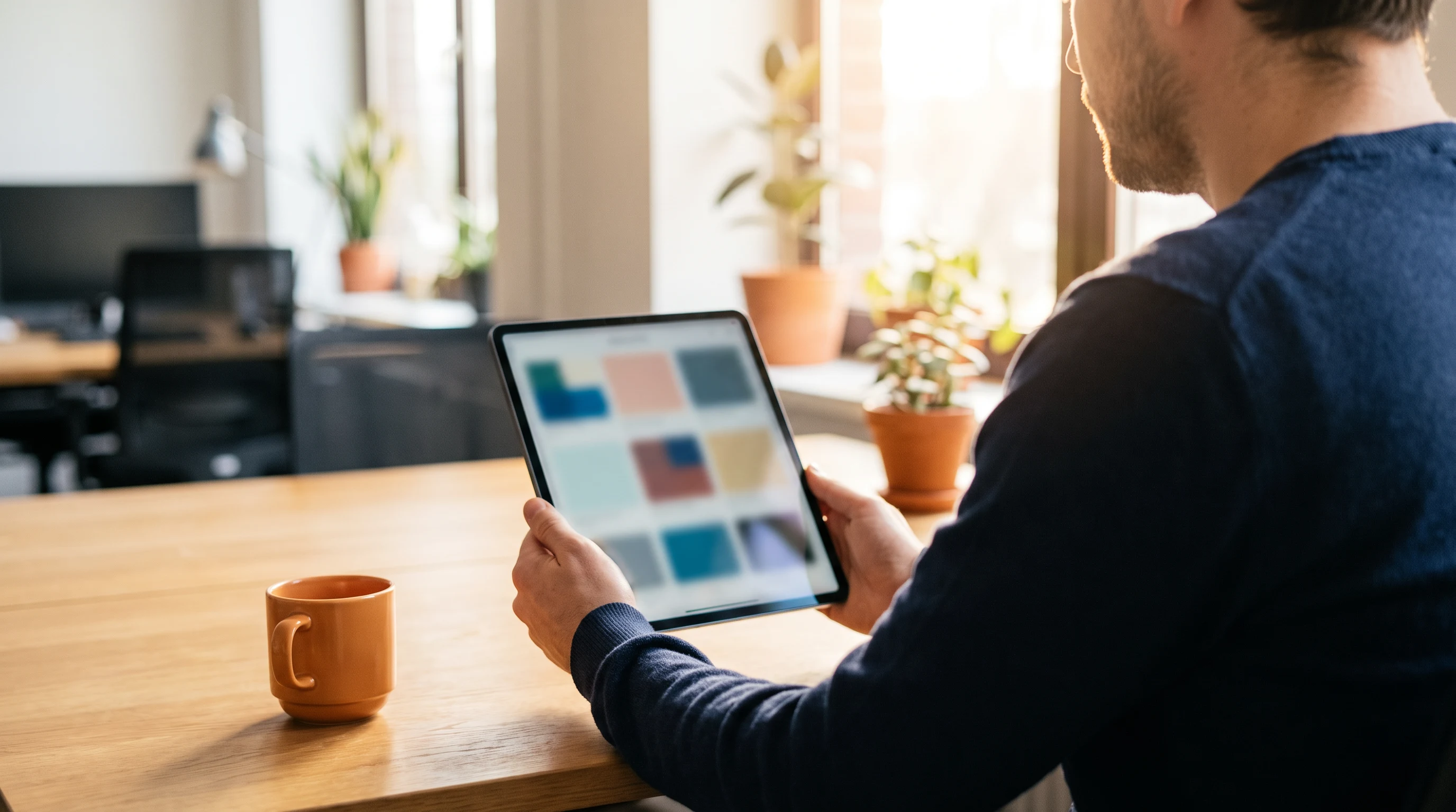 Small business owner reviewing offshore candidate profiles on a tablet in a bright office