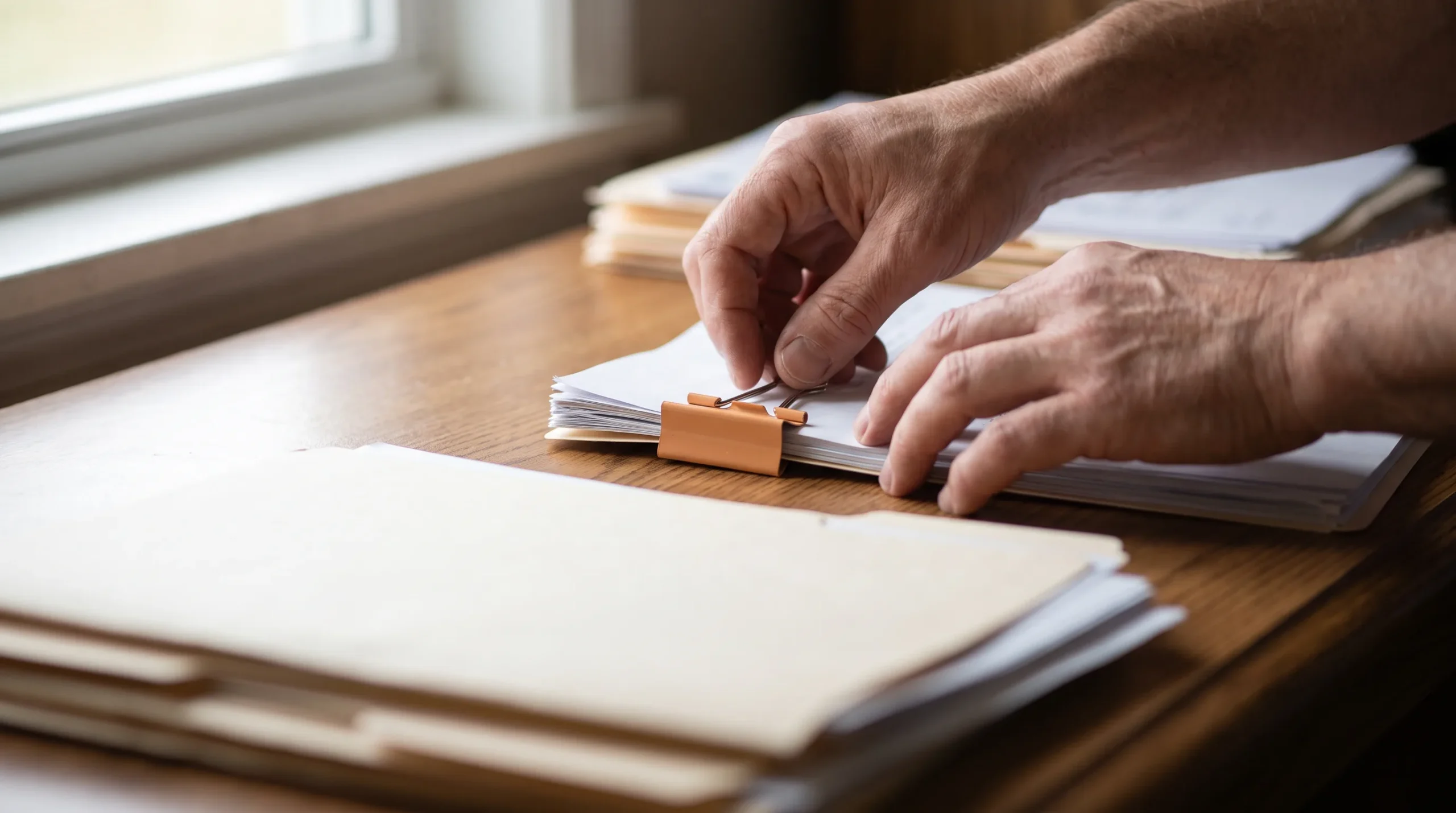 Close-up of hands organizing financial documents representing recordkeeping control