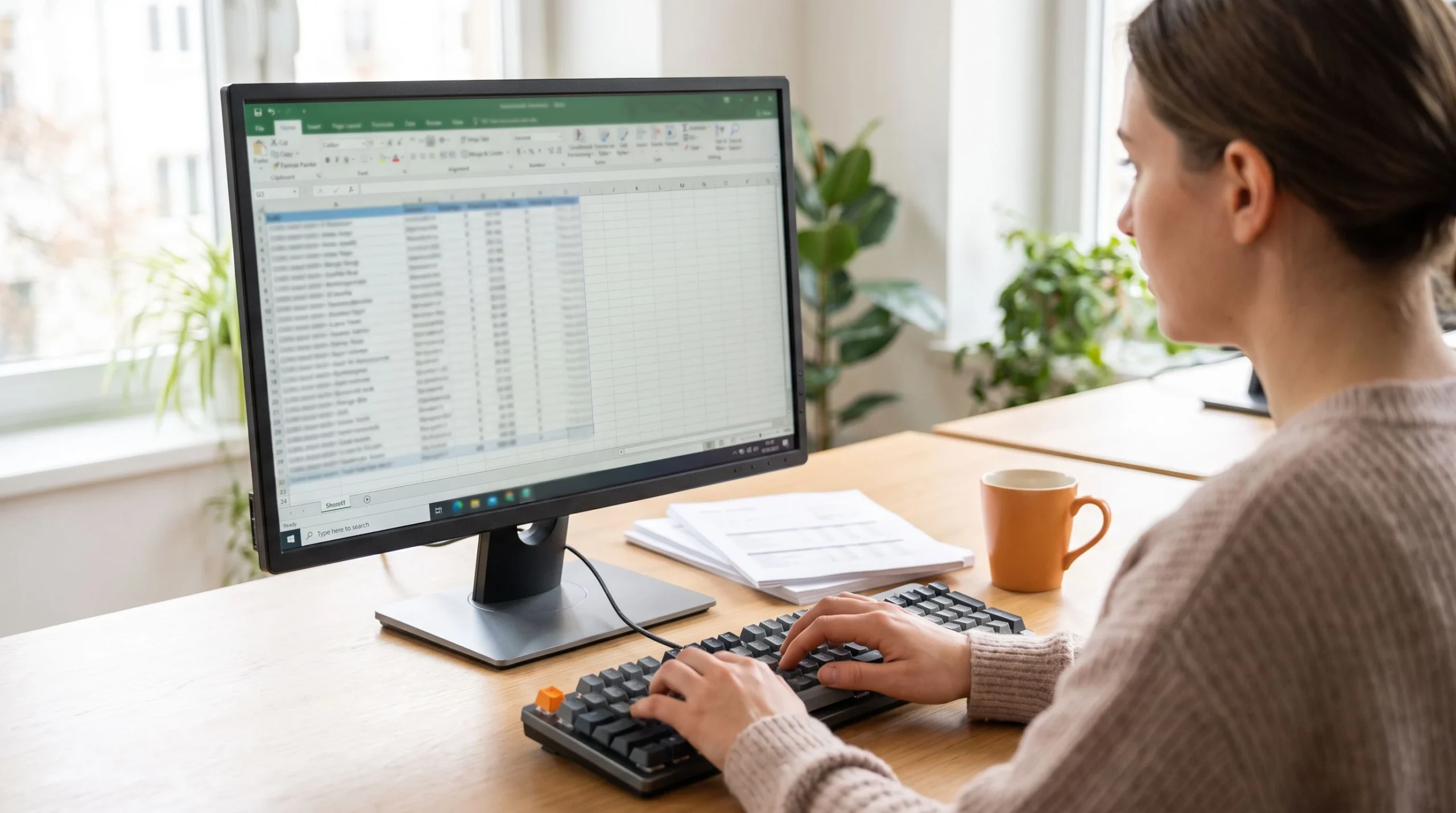 Data entry specialist typing spreadsheet data at a modern desk