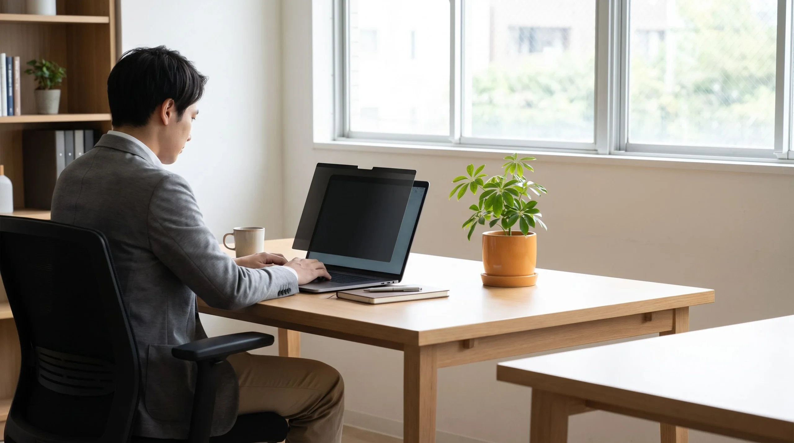 Professional working securely on a laptop with a privacy screen for data processing outsourcing