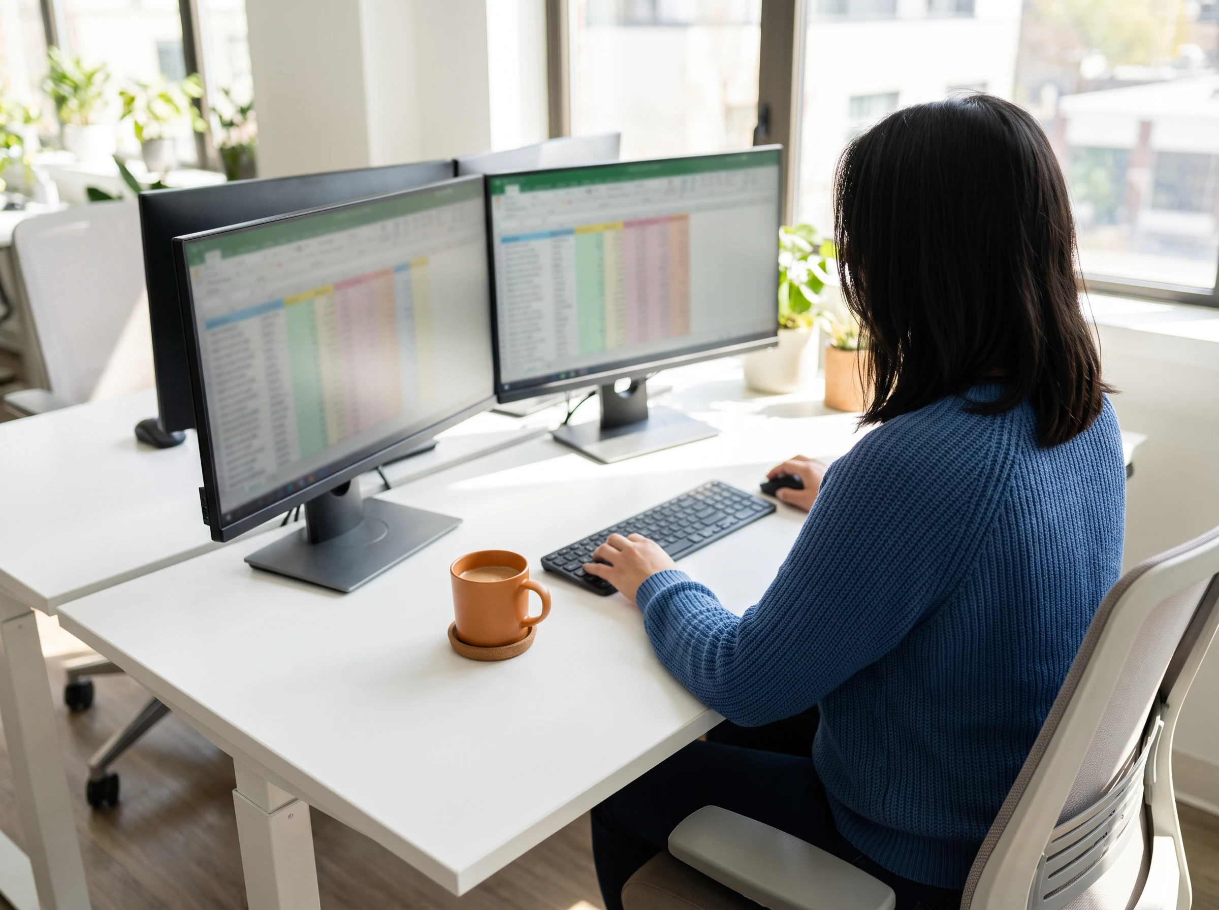 Data entry specialist working at a dual-monitor desk with a warm orange coffee mug nearby