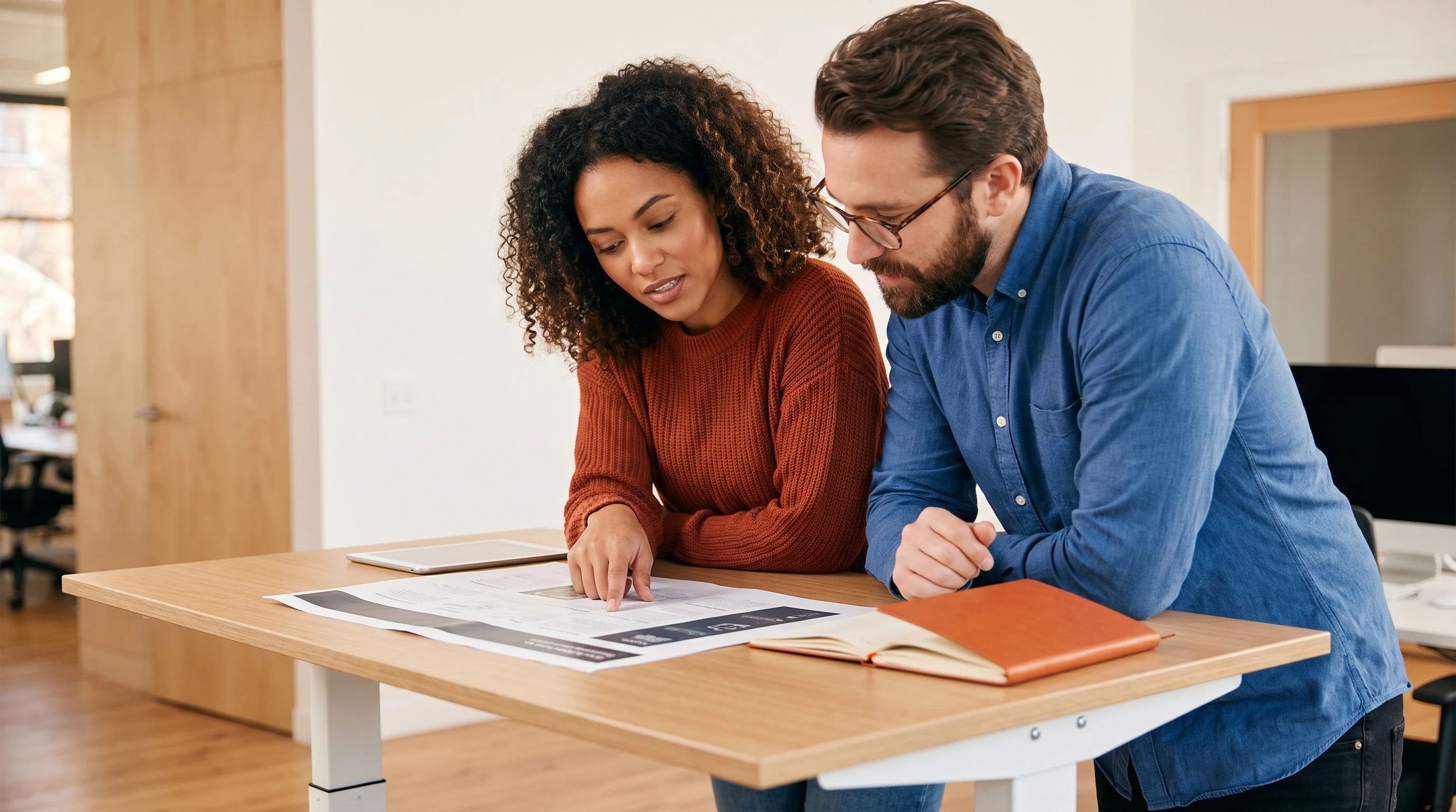 Two colleagues reviewing a printed report together while planning a data entry outsourcing budget