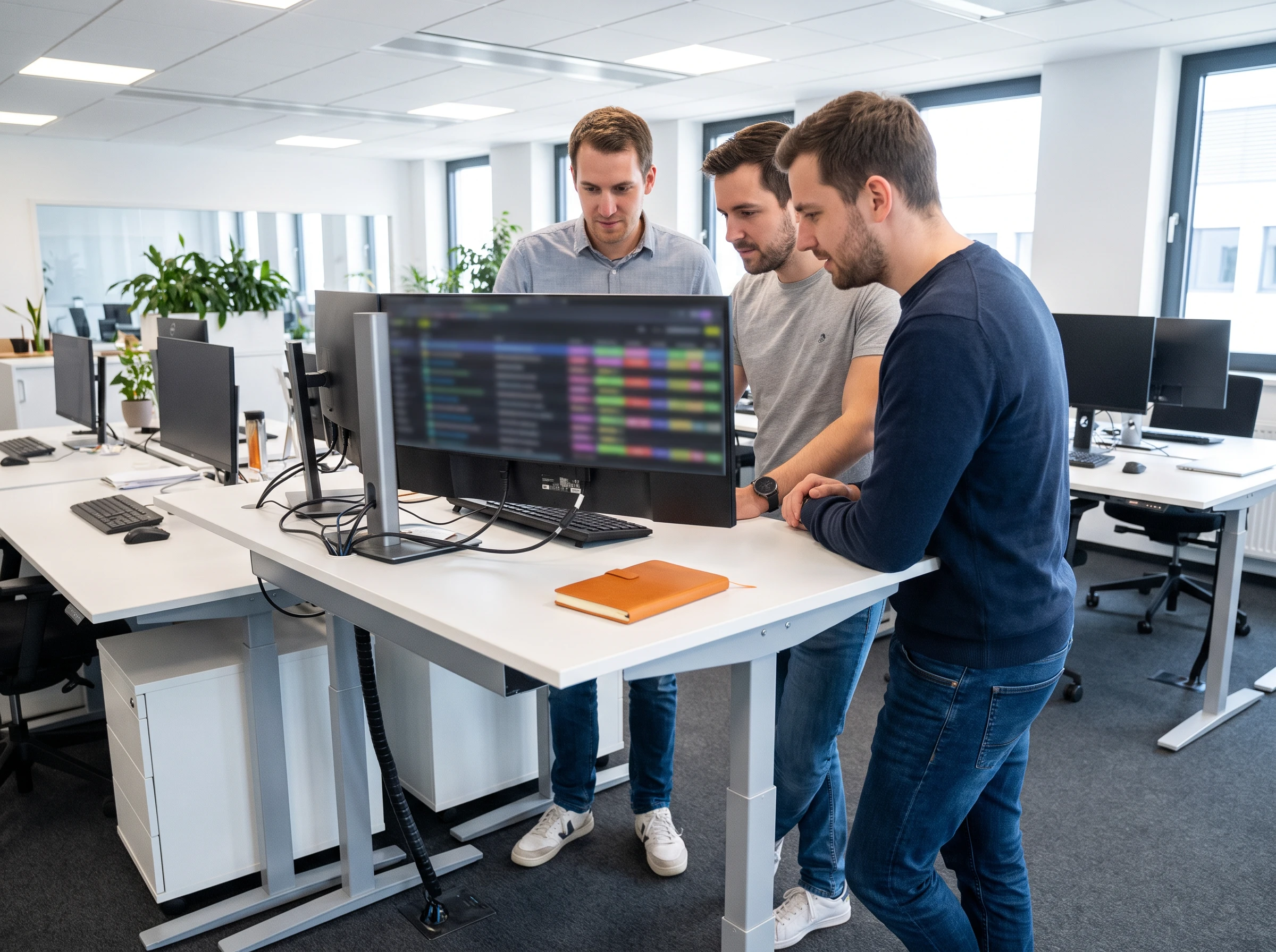 Back office data processing team reviewing records together at a standing desk