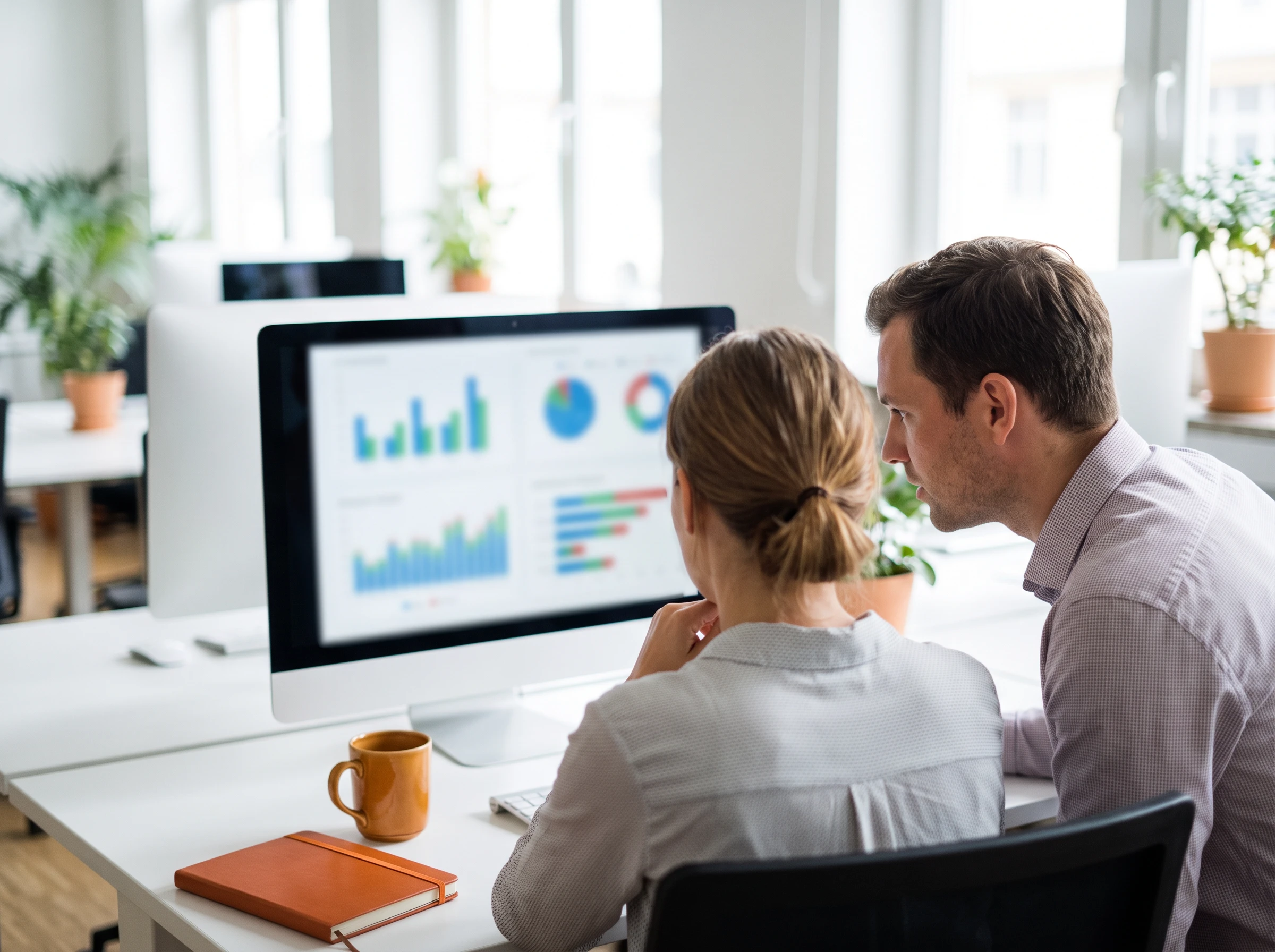 Quality control supervisor and data processing specialist reviewing a data validation dashboard