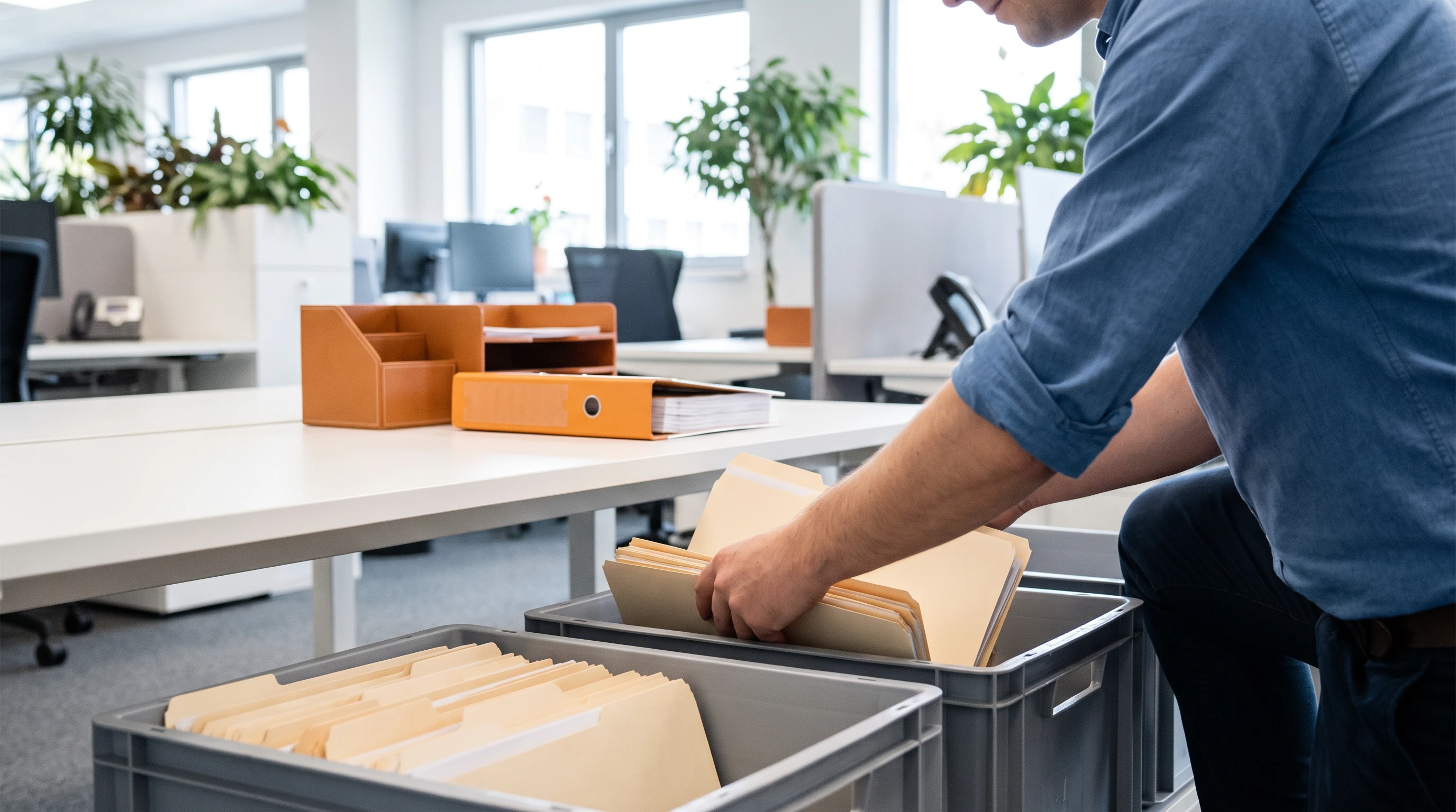 Data processing team member organizing physical file folders into storage bins