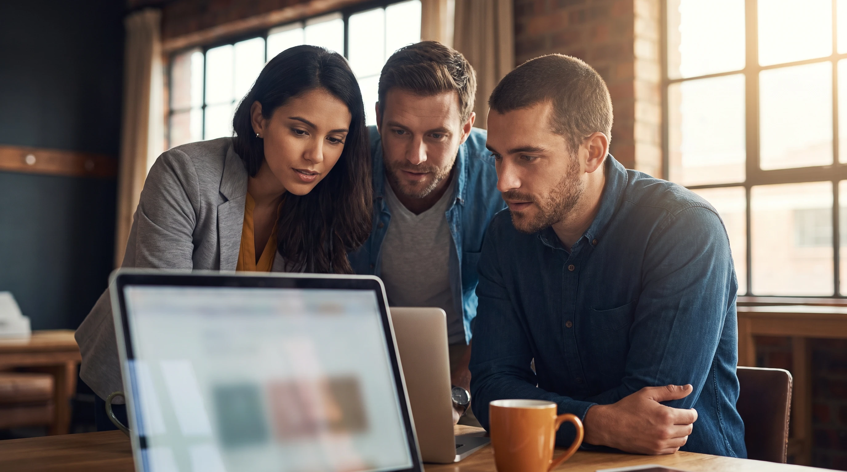 Three colleagues in a huddle discussing a data processing workflow around a laptop