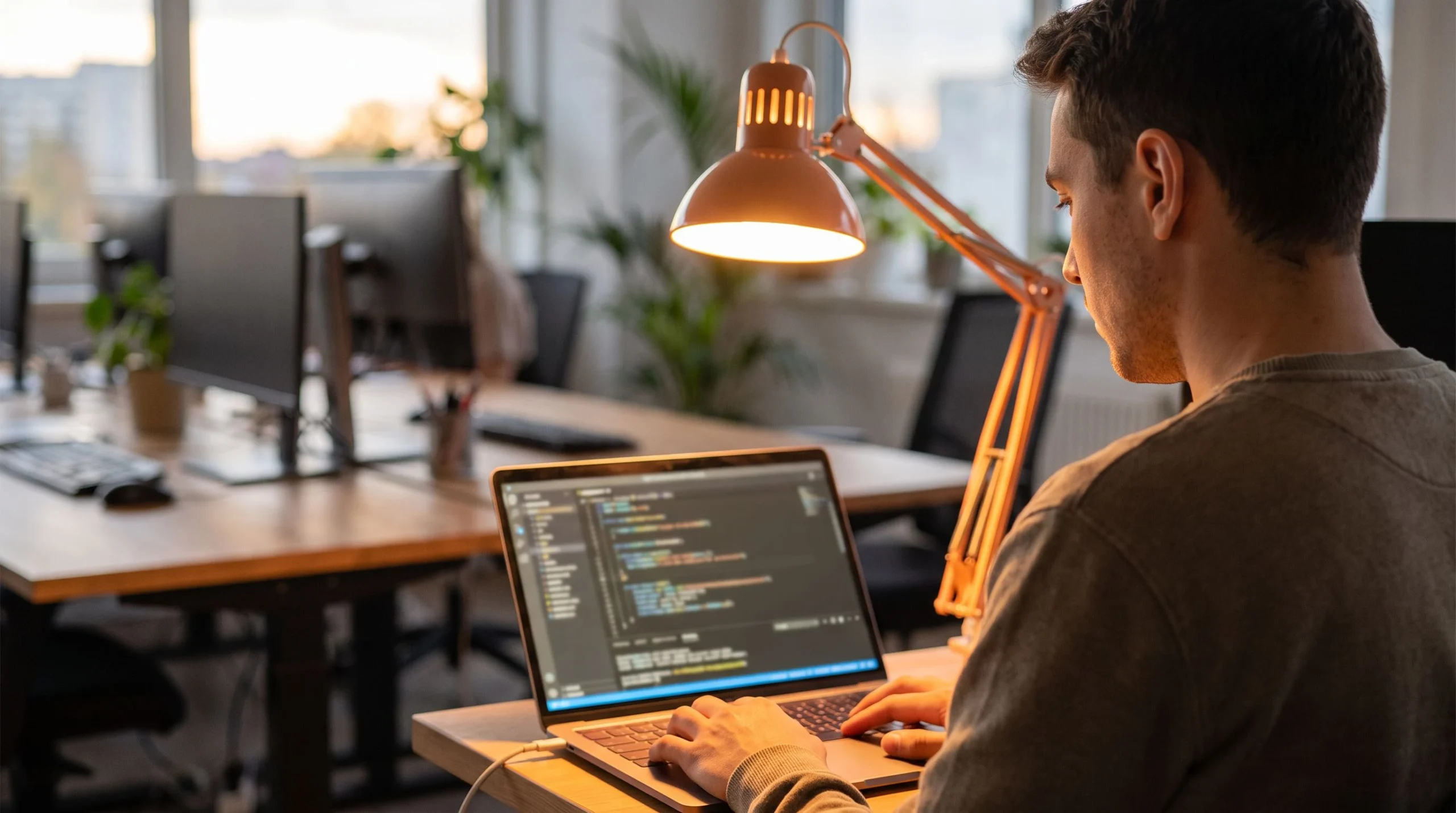 Developer reviewing AI-generated code on a laptop screen as part of outstaffed work