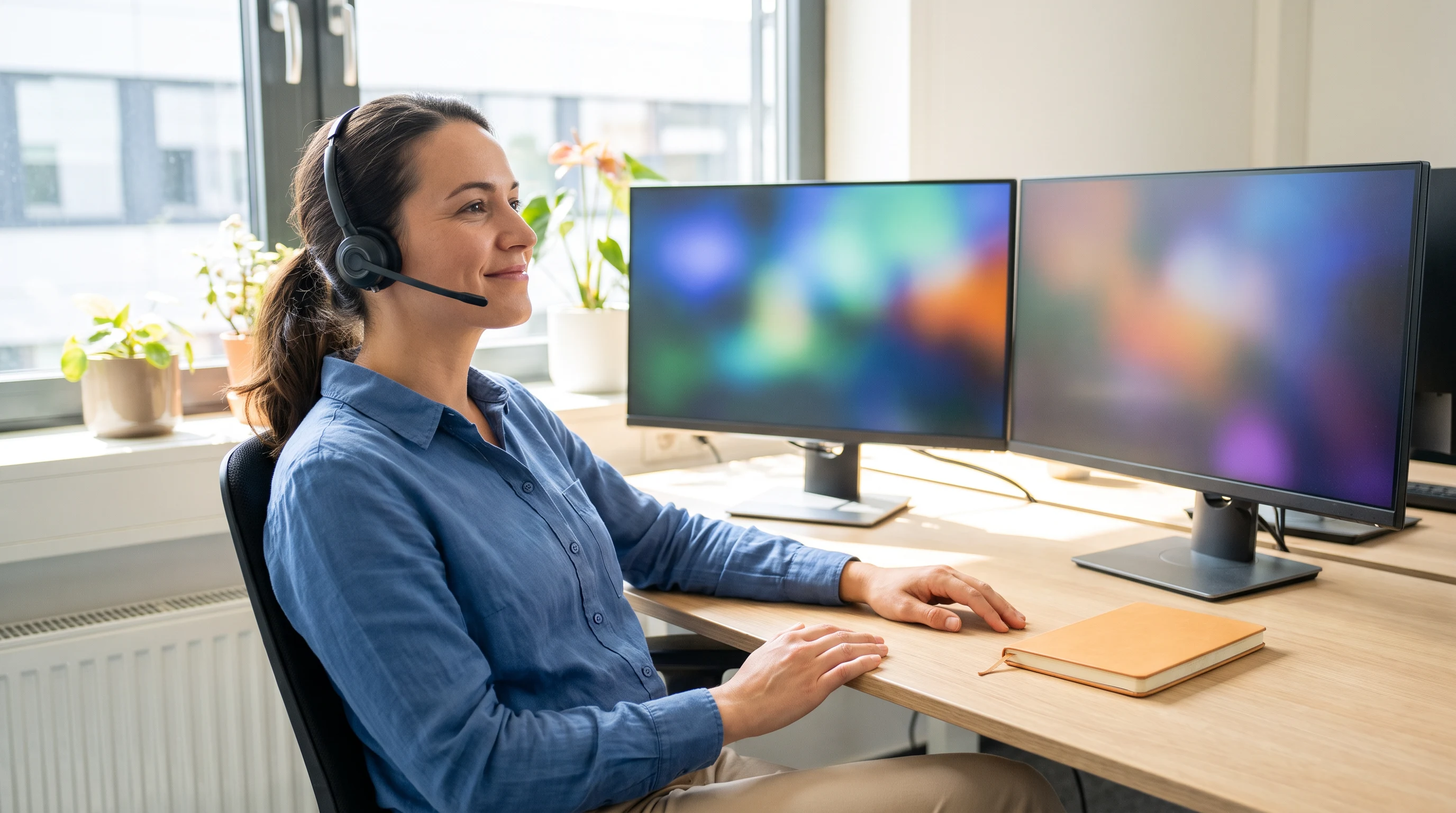 Outsourced customer support agent using AI-assisted omnichannel tools at a daylight workstation