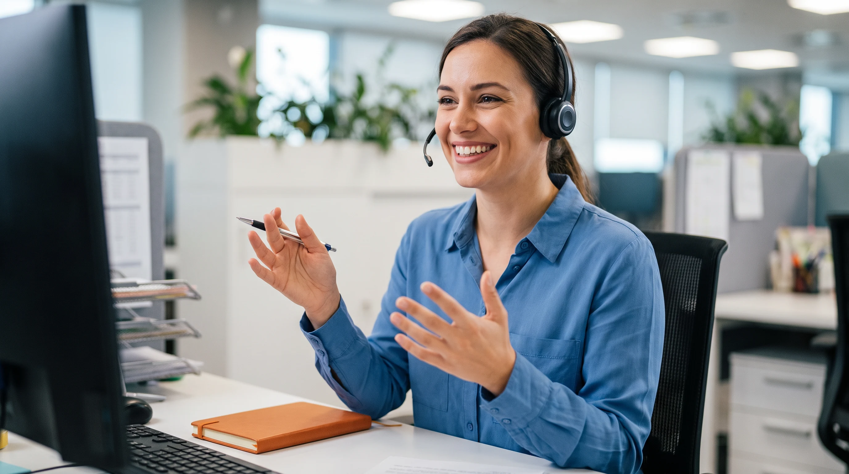 Friendly 24/7 outsourced customer support representative answering a call