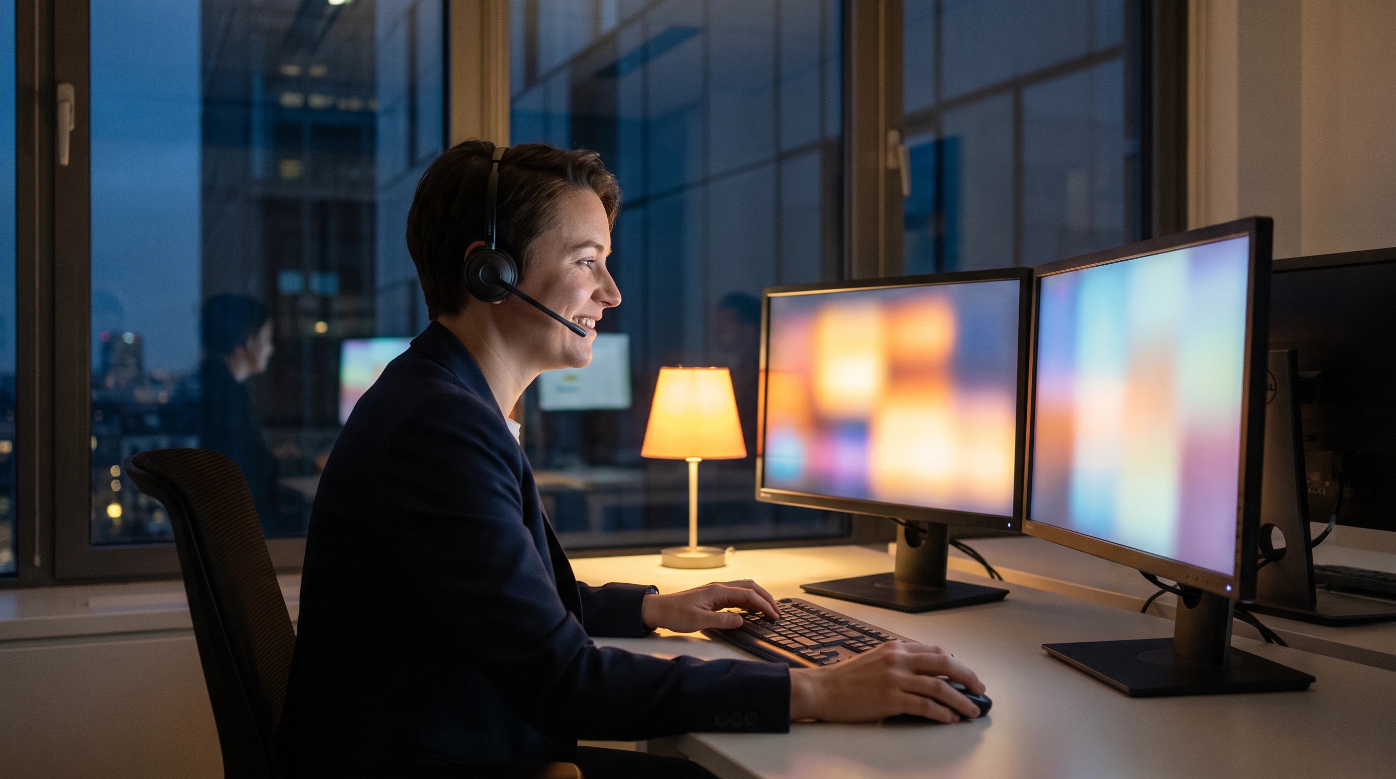 Customer support agent working a 24/7 overnight outsourced support shift at a modern desk