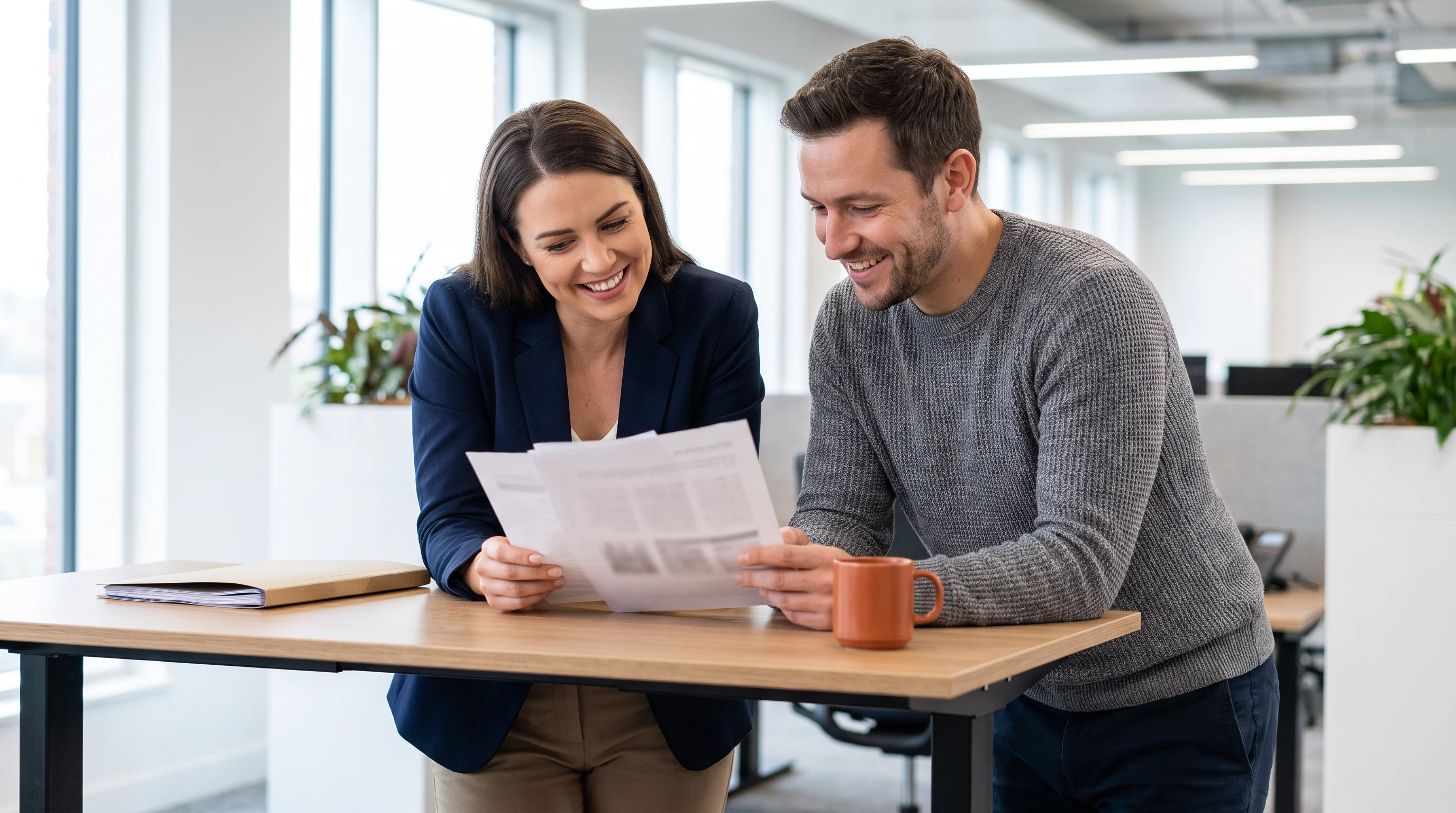 Two finance colleagues reviewing a printed financial report together at a standing desk