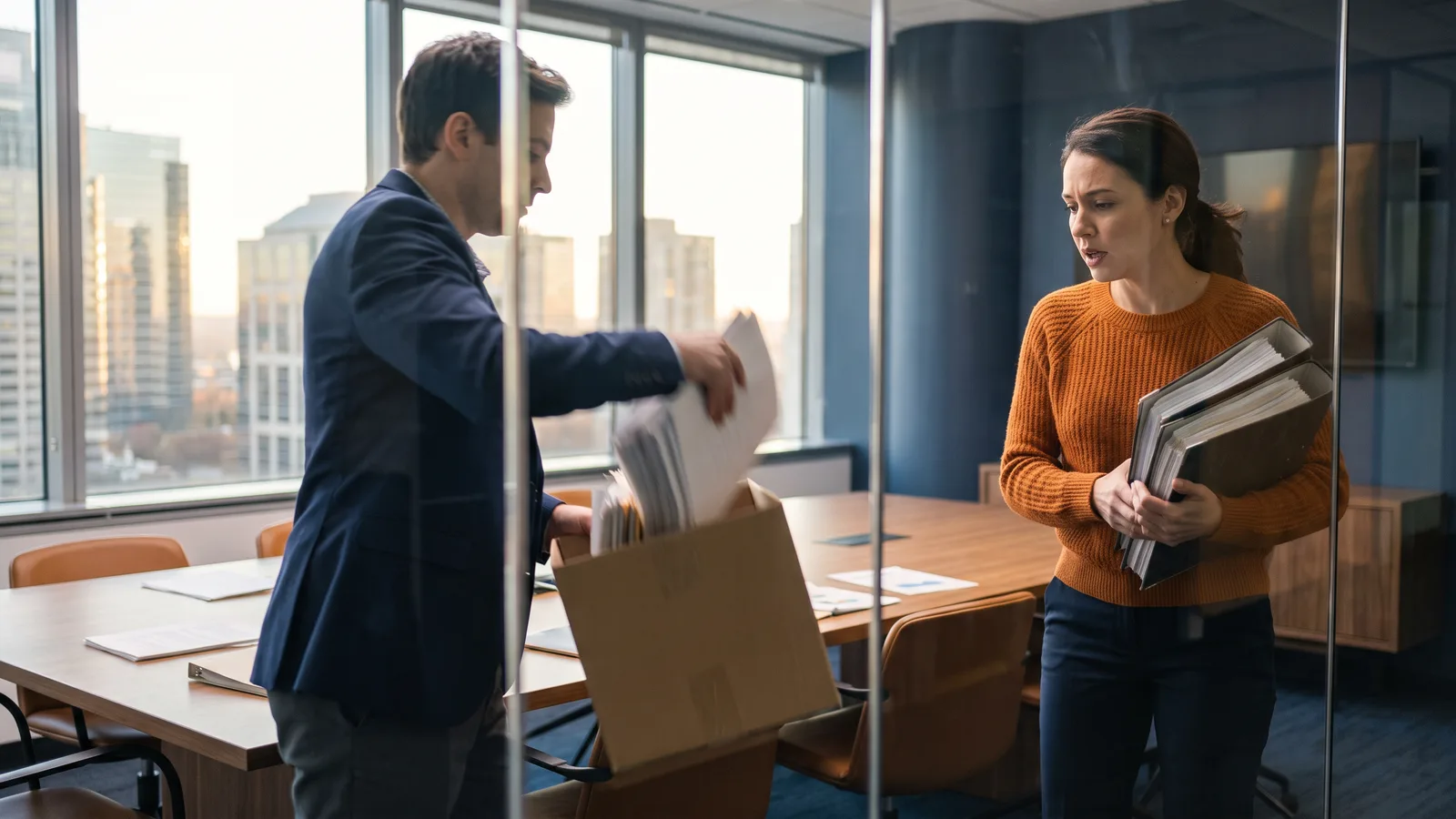 Finance team members gathering binders and folders in a rush before an audit-prep meeting