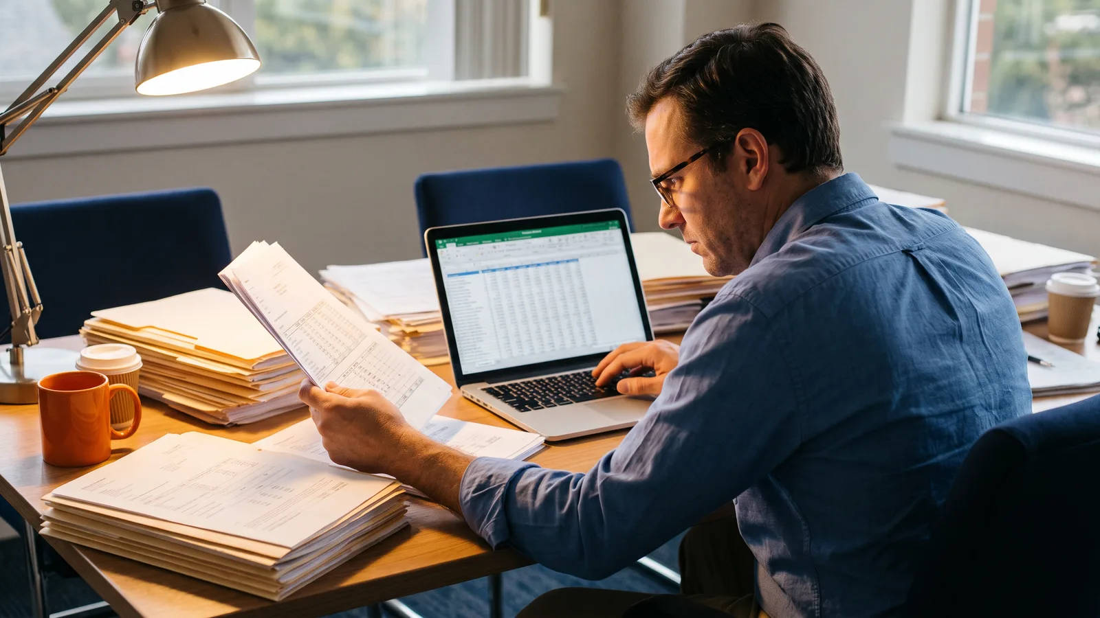 Accountant working through a reconciliation backlog of printed bank statements before year-end close