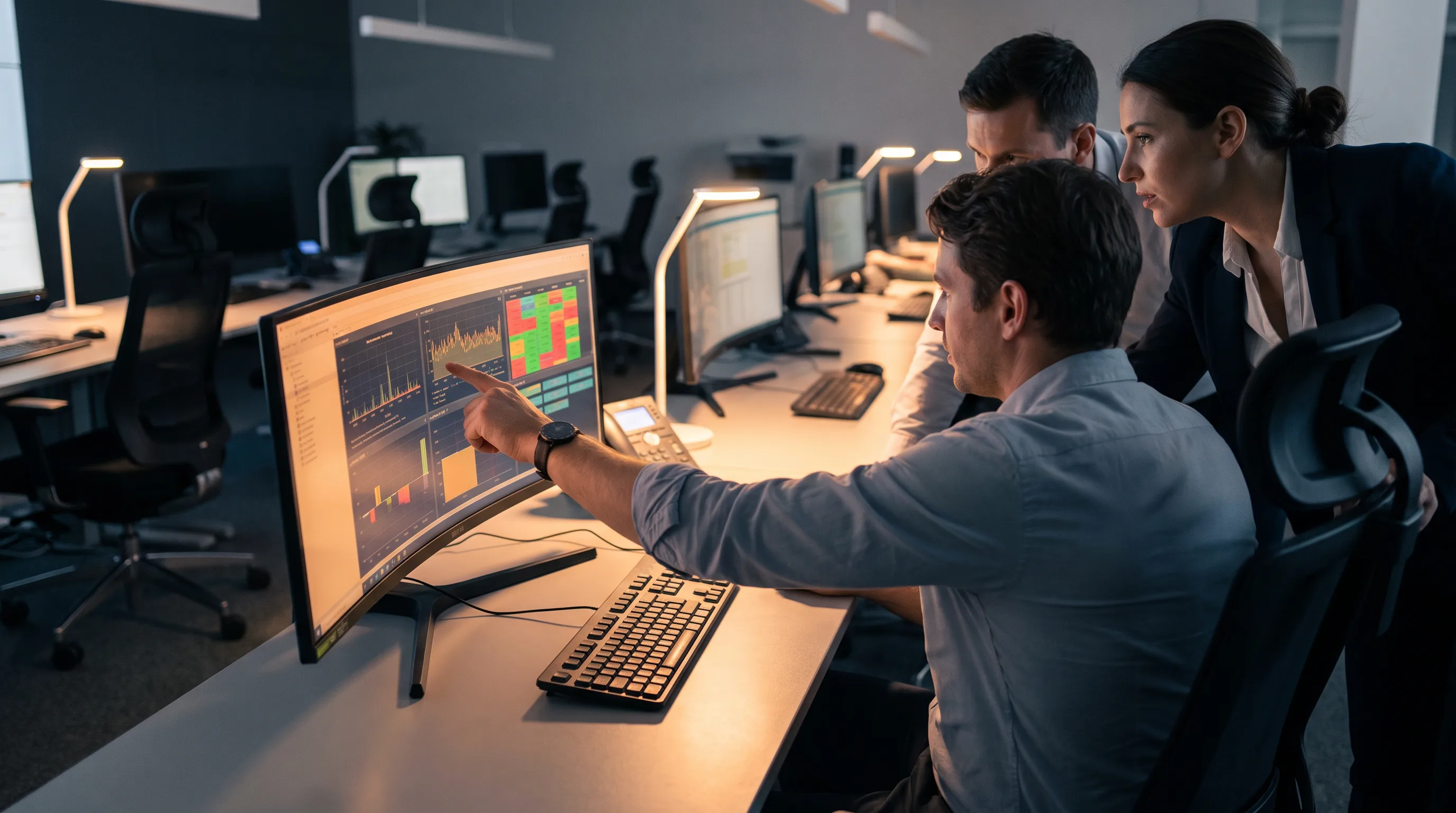 Small outsourced help desk team reviewing a multi-monitor ticketing dashboard together