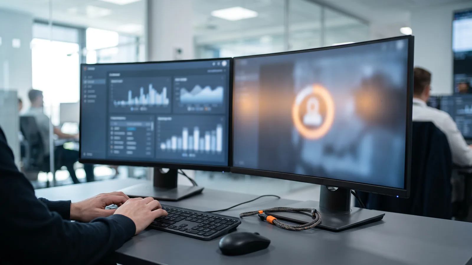 Help desk security specialist reviewing third-party access logs across multiple support channels on a monitor