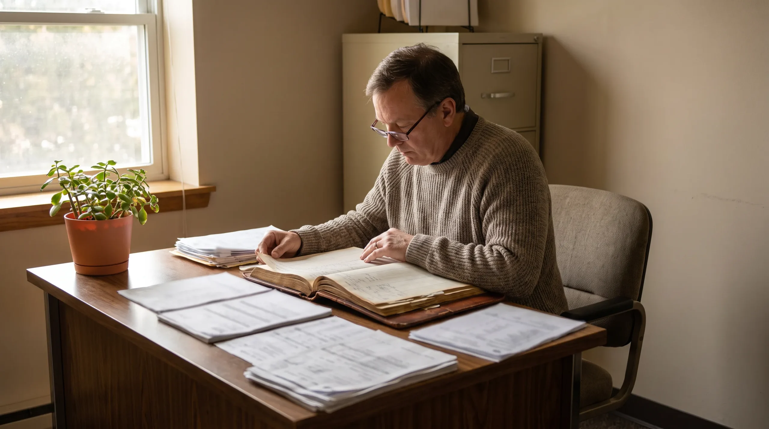 In-house bookkeeper reviewing financial ledger alone at a small business desk