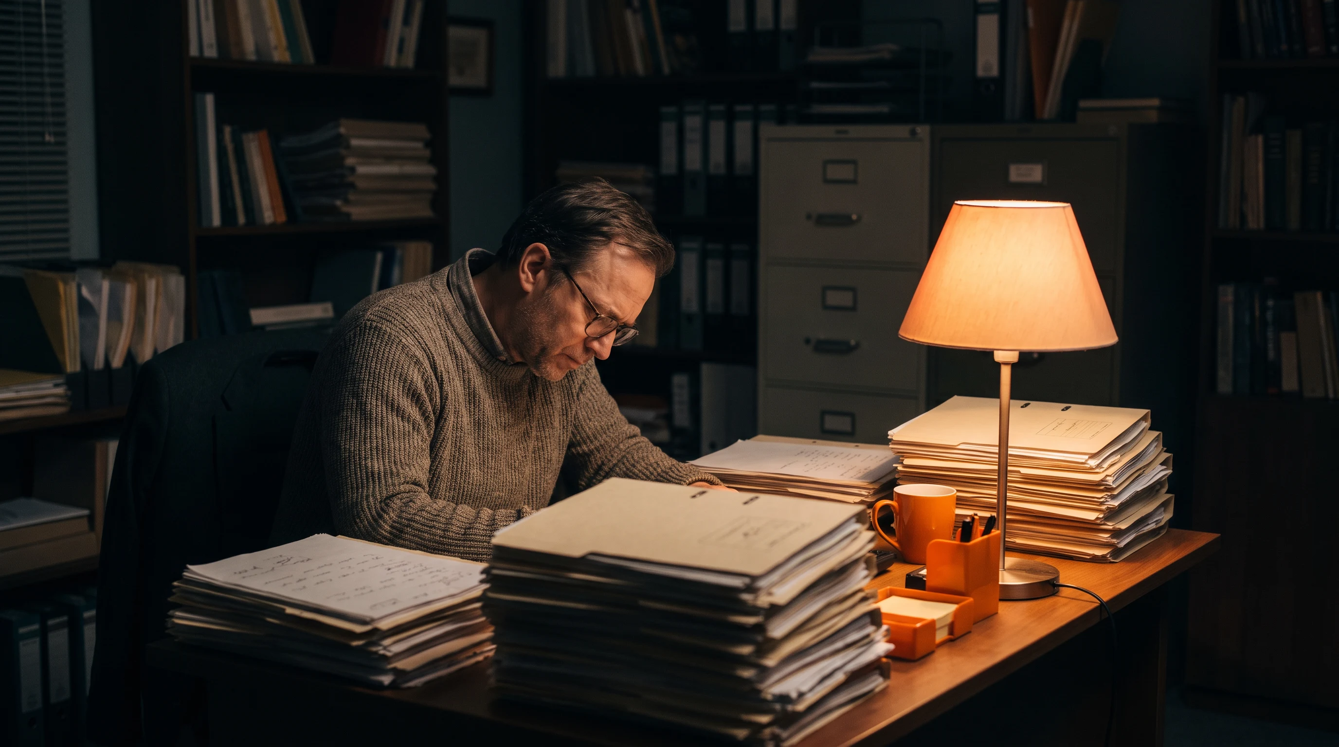 In-house claims examiner working alone late surrounded by paper claim files