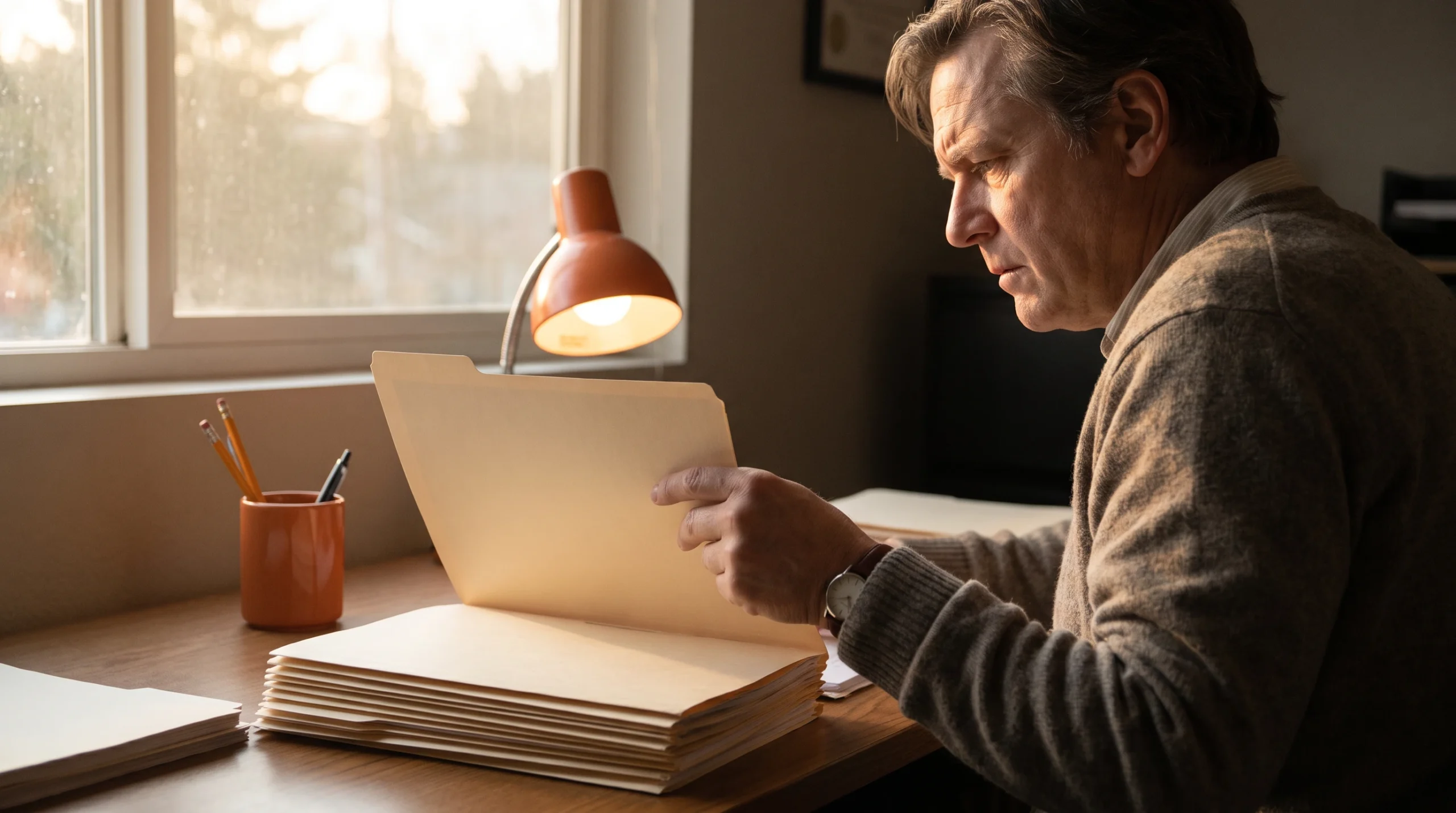 In-house insurance claims examiner reviewing claim folders alone at a desk