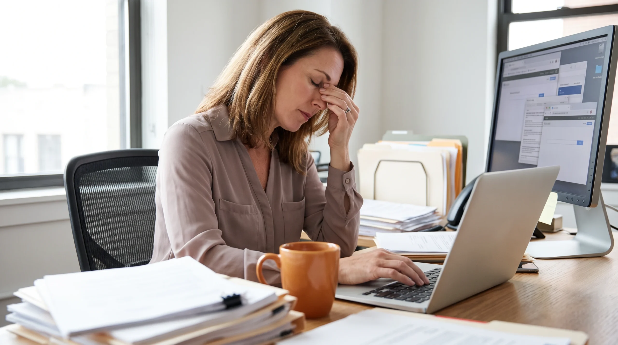 Overwhelmed in-house recruiter surrounded by resumes and open tabs at a desk