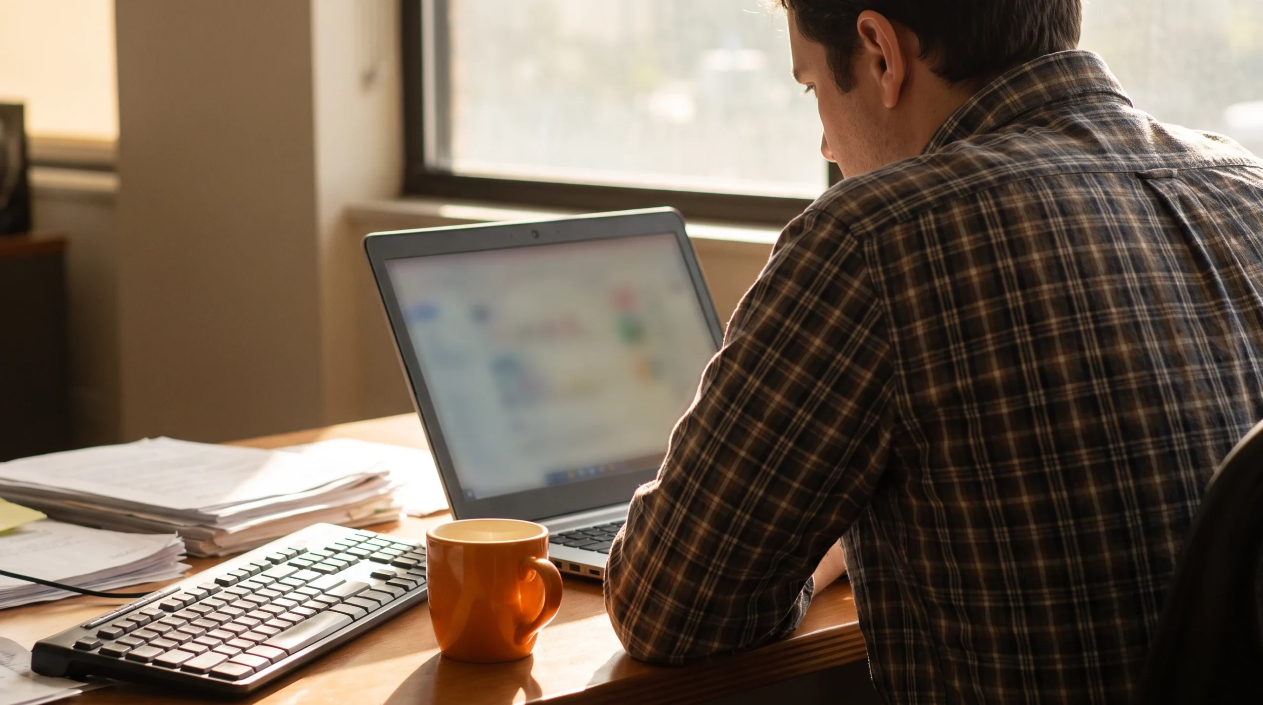 Insurance claims professional reviewing a claim on a laptop, representing insurance BPO and claims processing outsourcing