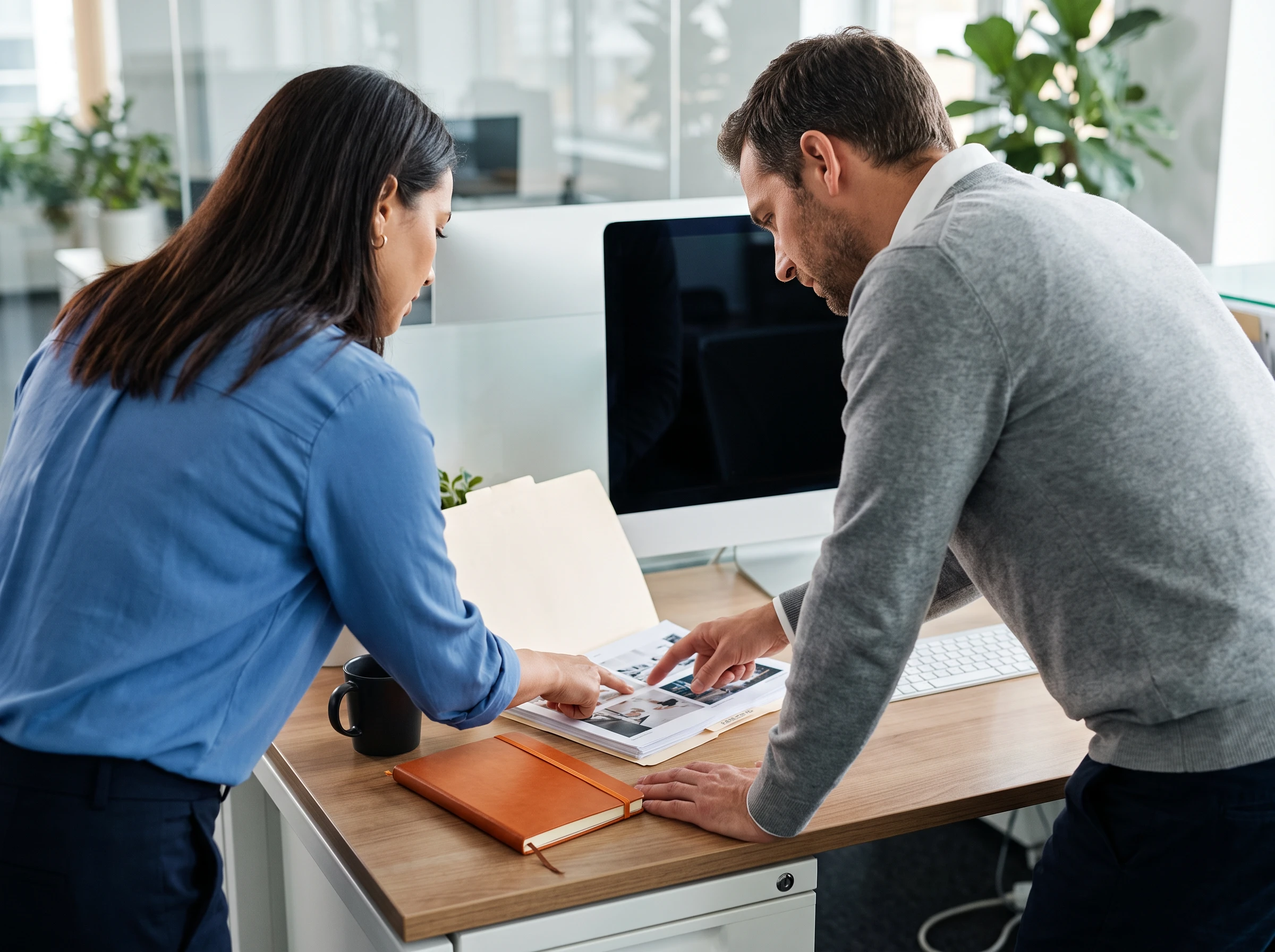 Claims team lead and claims examiner reviewing a printed claim folder together at a desk