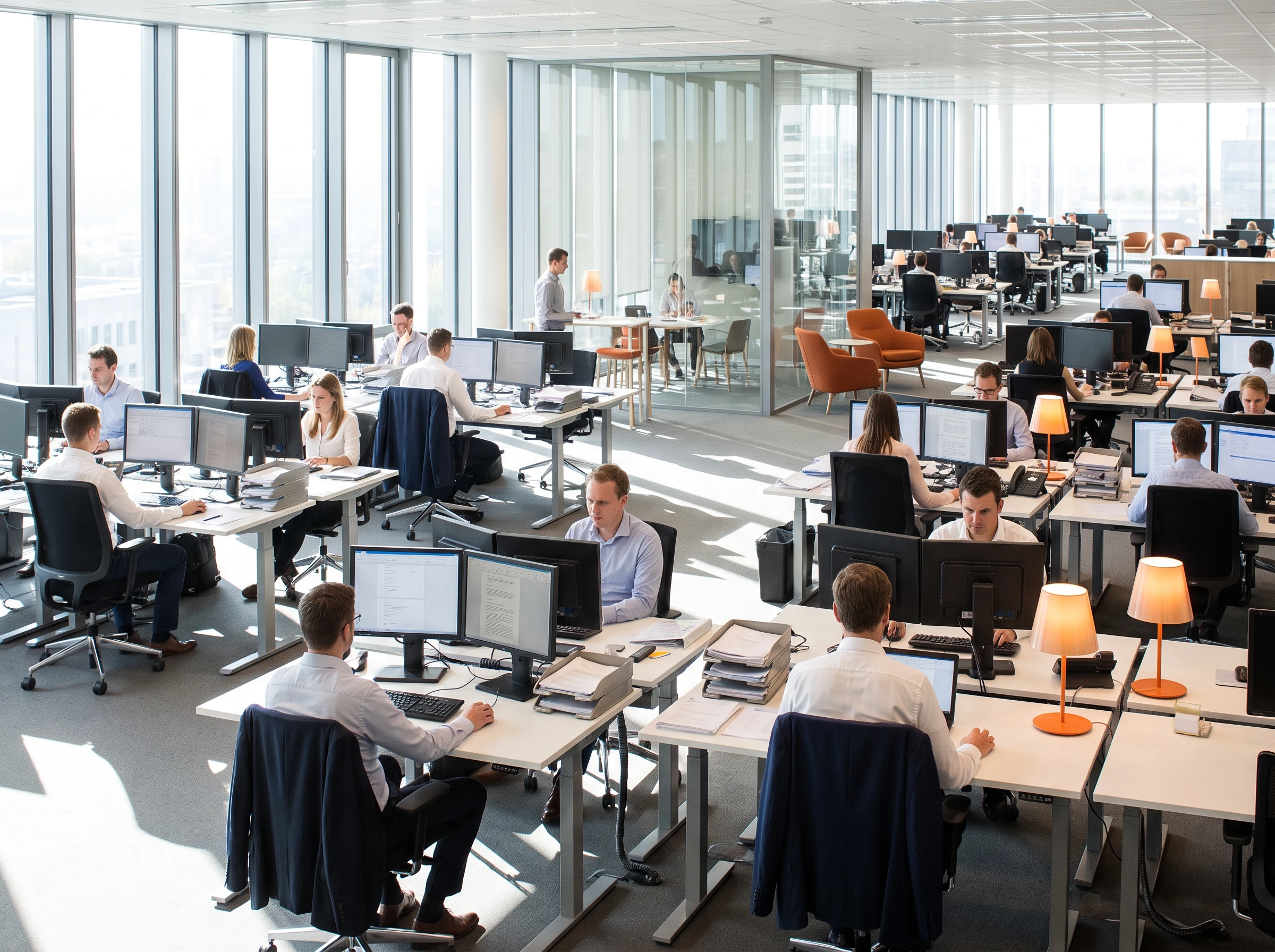 Wide view of an insurance claims operations floor with examiners reviewing documents and screens at ergonomic desks