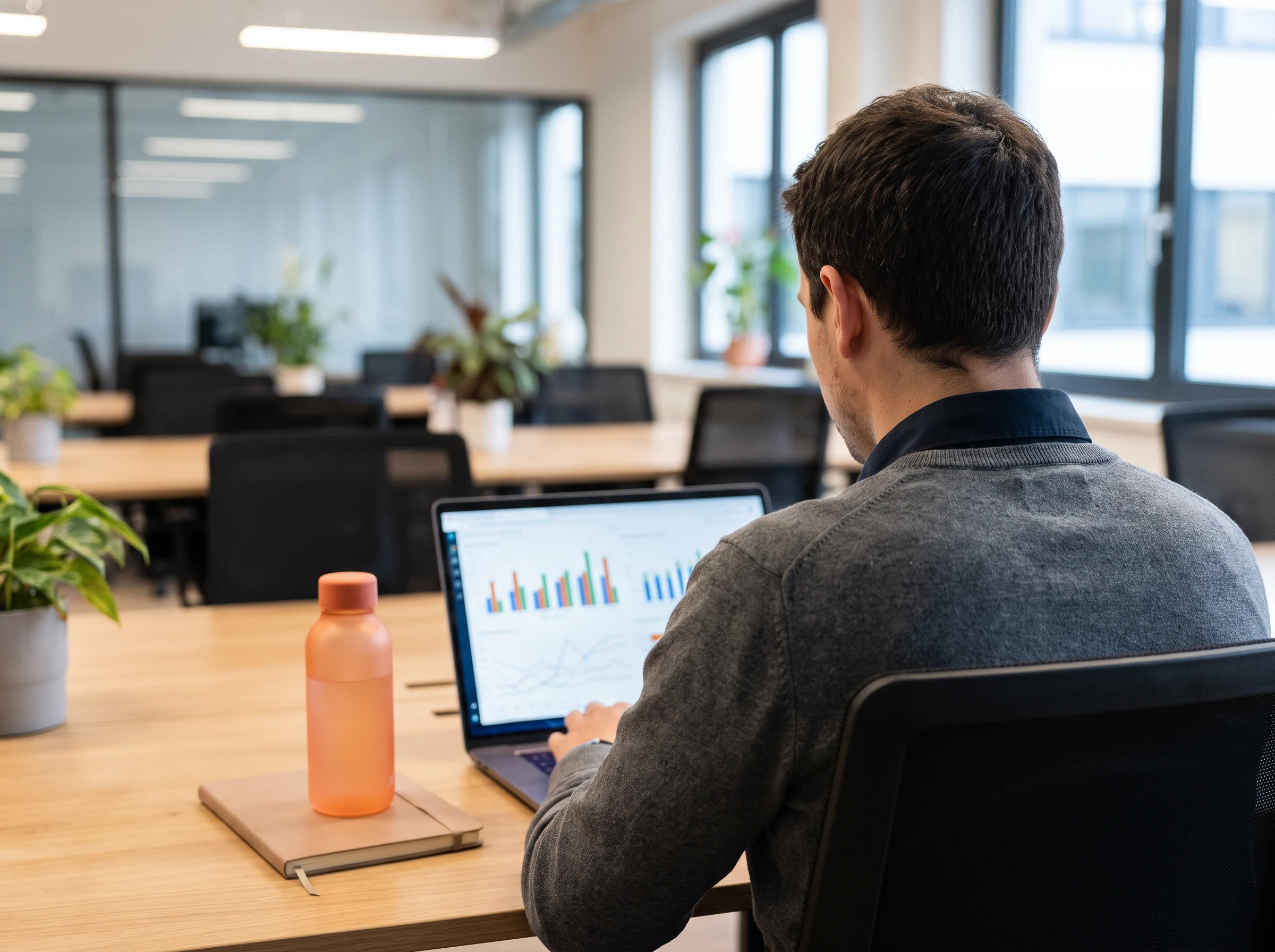 Supervisor reviewing claims processing performance metrics on a laptop screen in a modern office