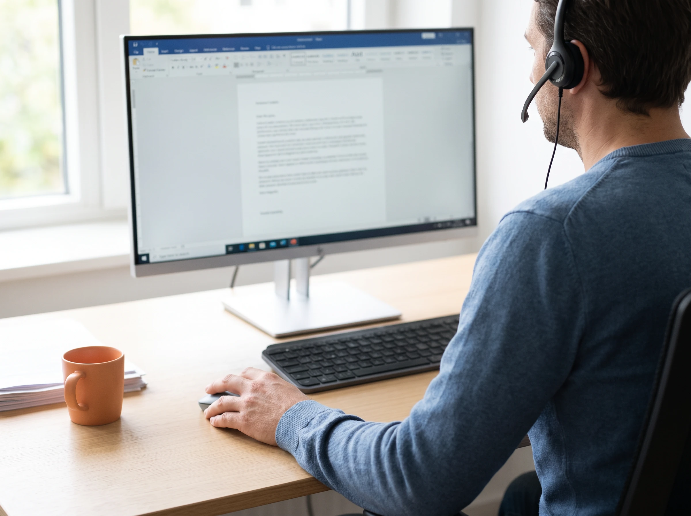 Insurance BPO services specialist reviewing a claim file on screen with a headset on, warm orange coffee mug on the desk