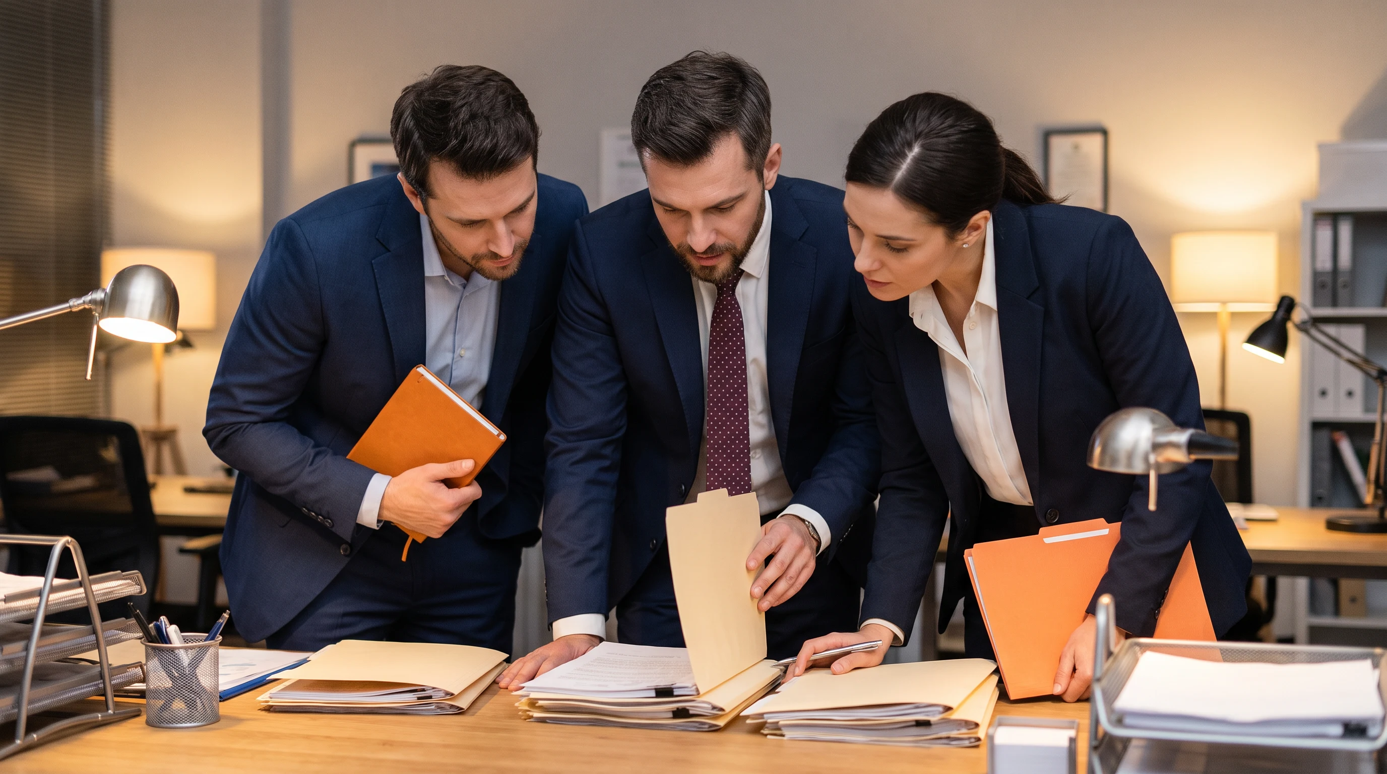 Insurance claims specialists reviewing printed claim folders together