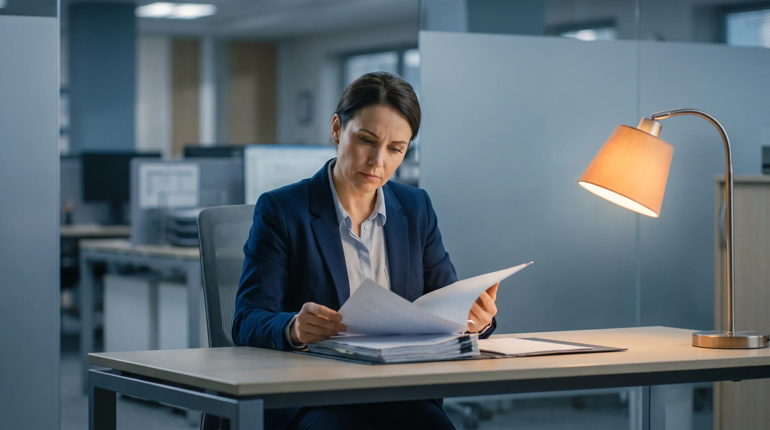 Insurance compliance analyst reviewing a data security checklist at a secure workstation