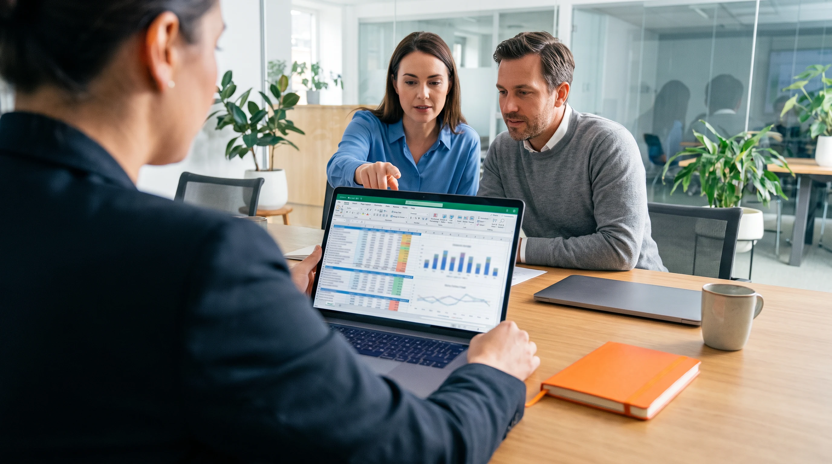 Business owner and operations manager reviewing an insurance BPO budget plan on a laptop