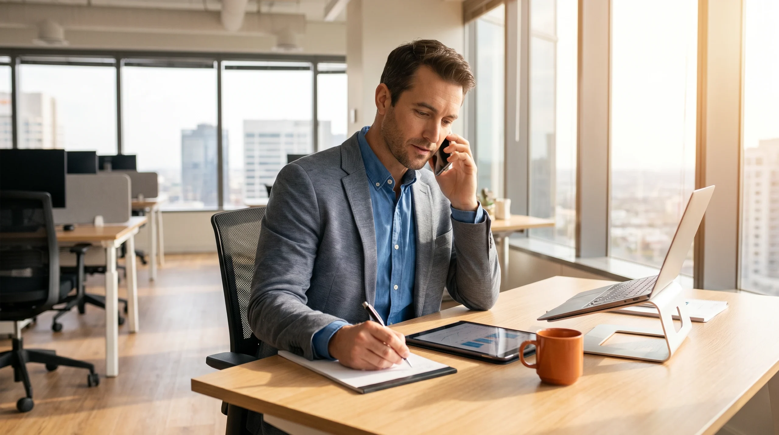 Insurance operations manager checking a client reference call before selecting a BPO partner