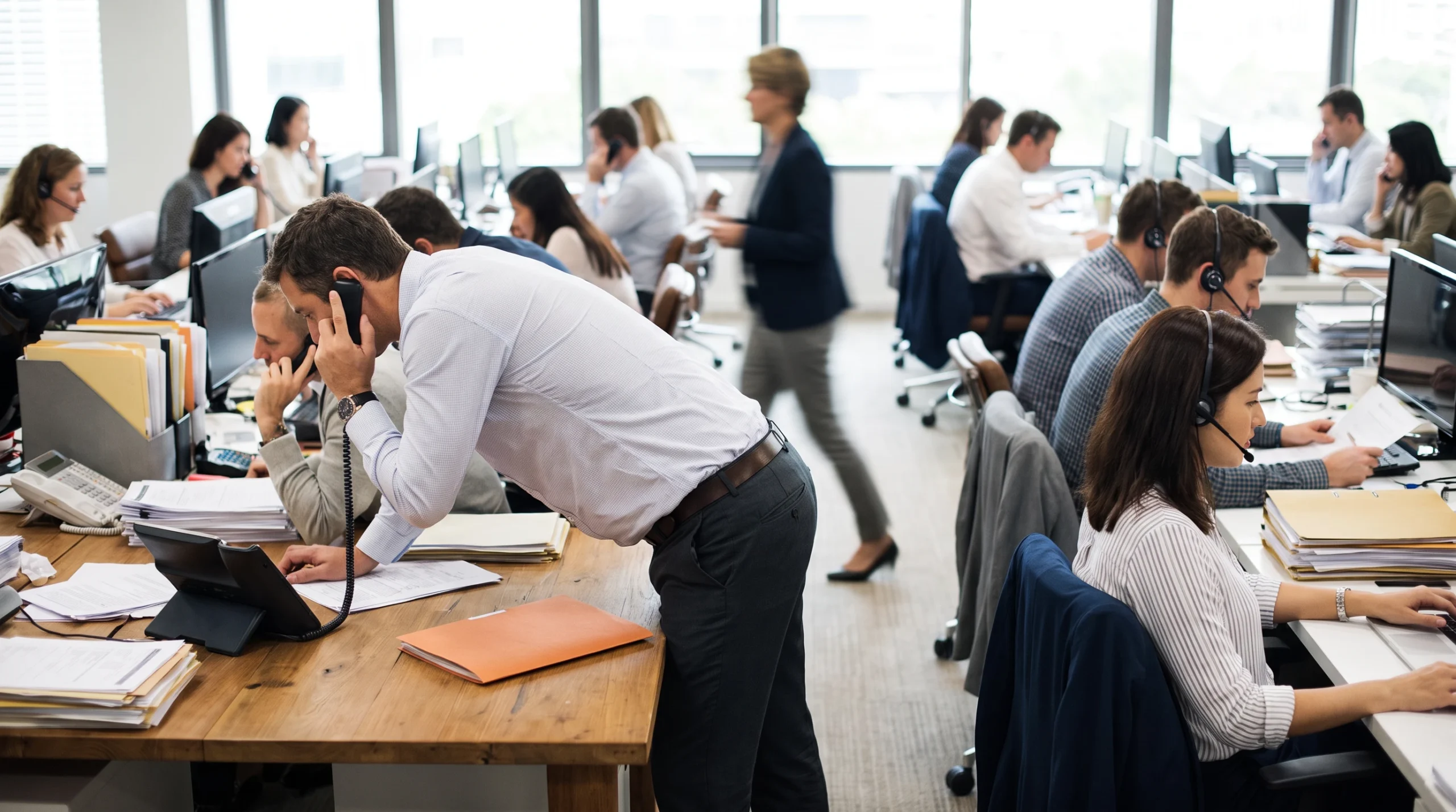 Busy insurance claims operations floor handling a catastrophe claims surge