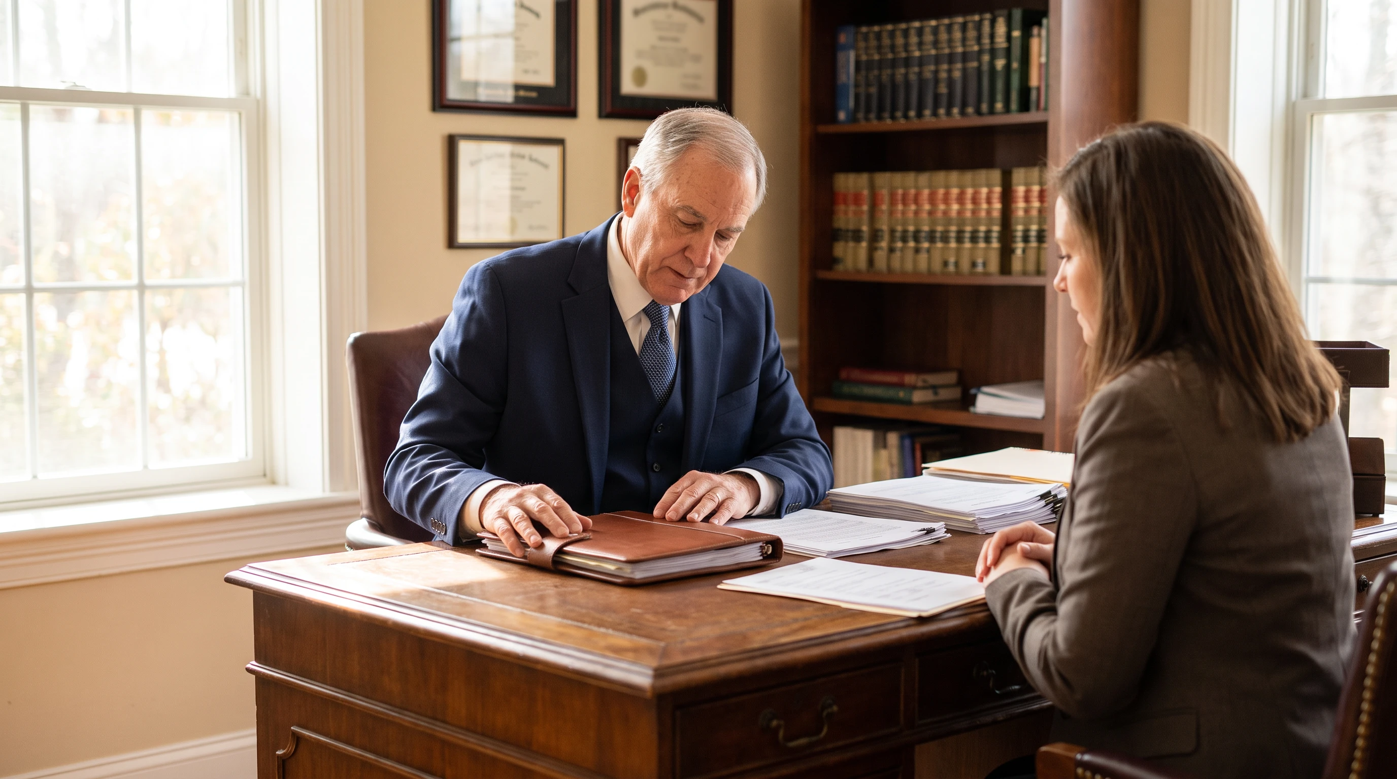 Traditional CPA firm partner reviewing documents with a client in a formal office