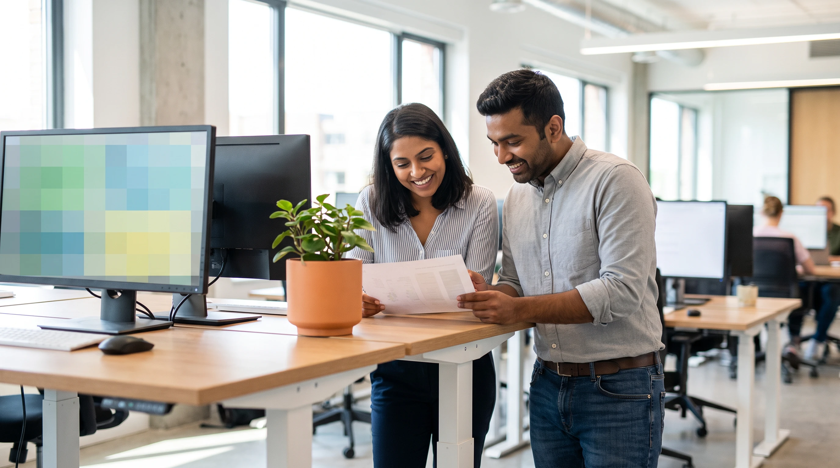 Two offshore bookkeeping team members collaborating on a client account at a standing desk