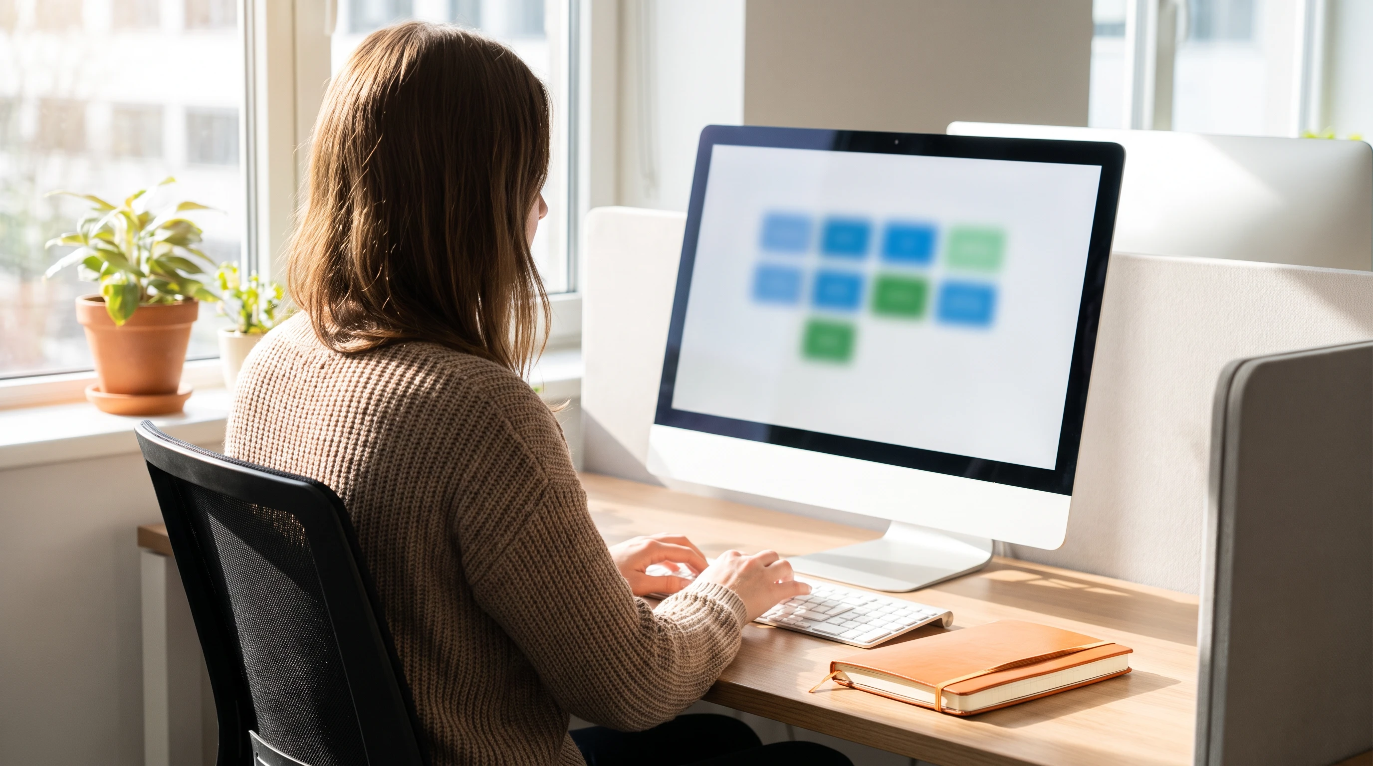Bookkeeping specialist working at a desktop computer on daily reconciliation tasks