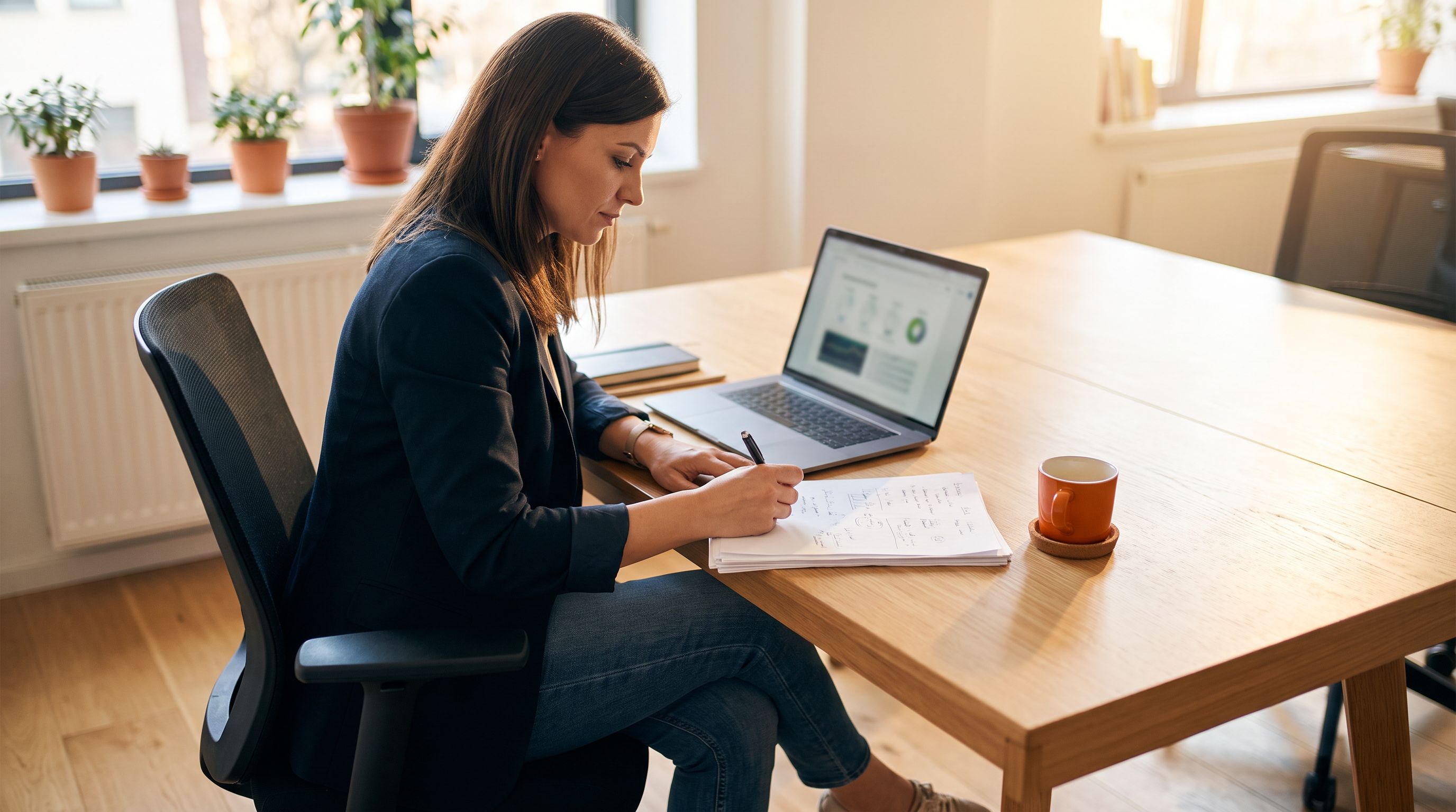 Manager reviewing content on monitor in modern office