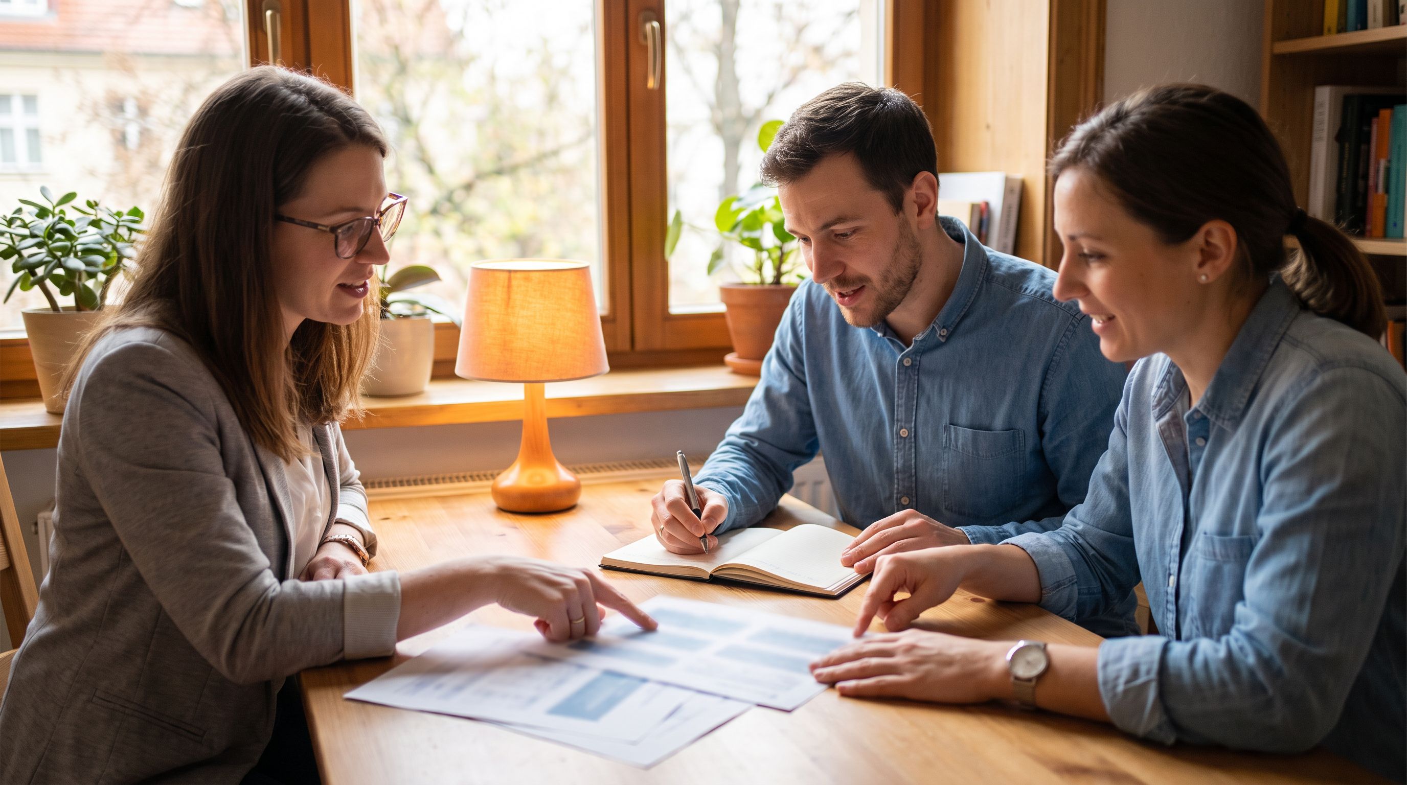 Team reviewing presentation documents in a meeting room
